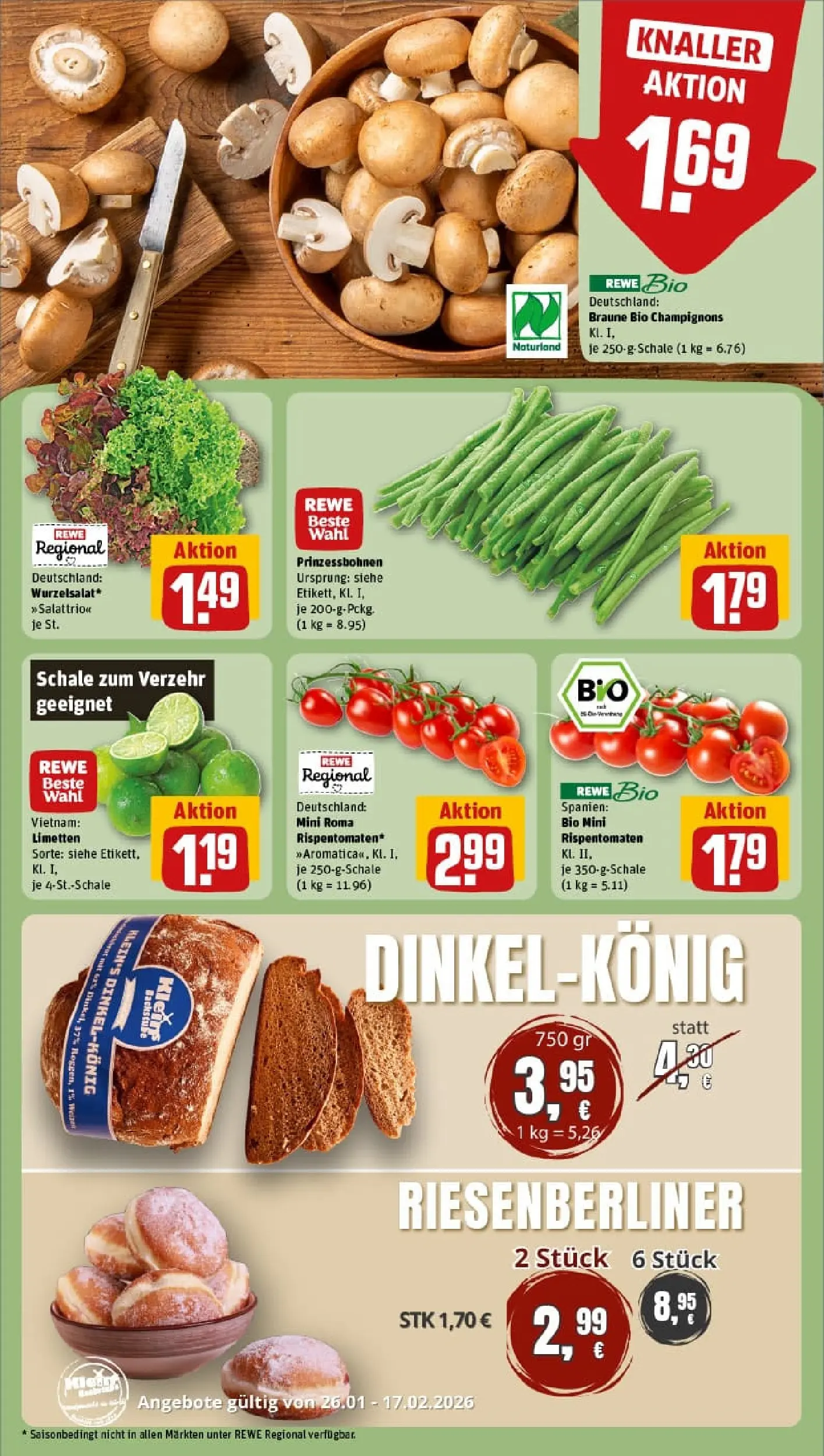 REWE Prospekt ab 02.02.2026 zum Blättern » Angebote | Seite: 9 | Produkte: Limetten, Champignons, Brot