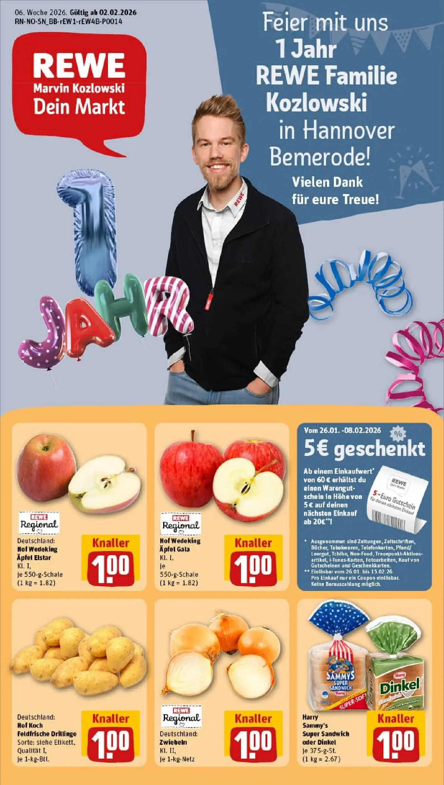 REWE Prospekt ab 02.02.2026 zum Blättern » Angebote | Seite: 1 | Produkte: Äpfel, Zwiebeln