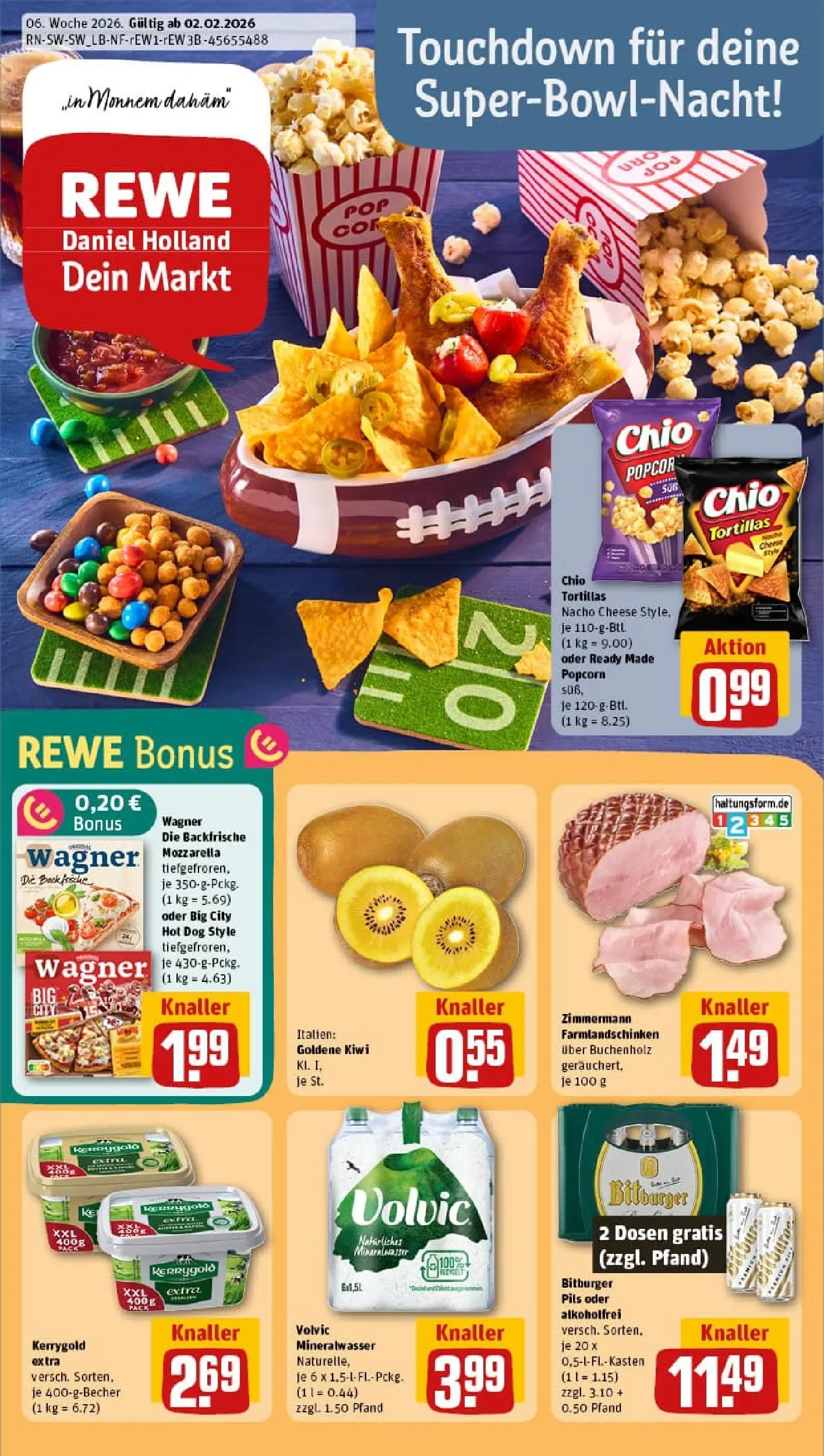 REWE Prospekt ab 02.02.2026 zum Blättern » Angebote | Seite: 1 | Produkte: Bitburger, Mozzarella, Chio tortillas, Volvic