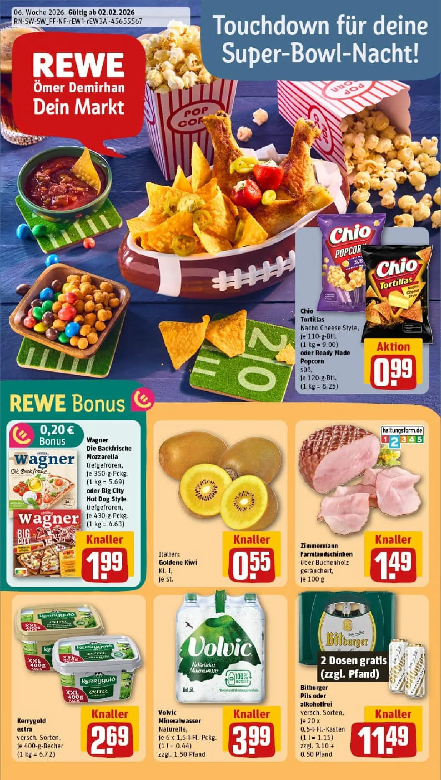 REWE Prospekt ab 02.02.2026 zum Blättern » Angebote | Seite: 1 | Produkte: Butter, Mozzarella, Pils, Chio tortillas
