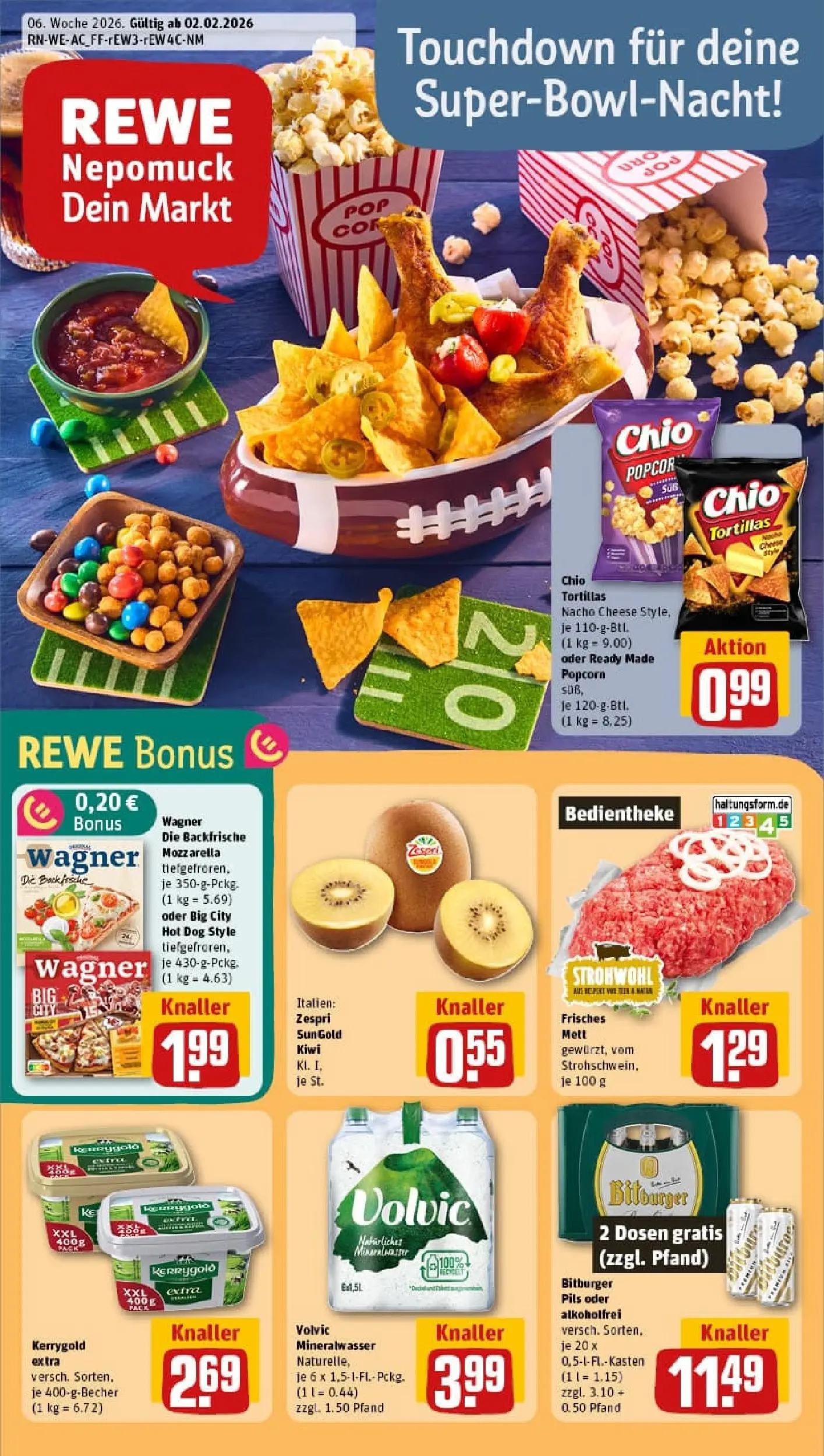 REWE Prospekt ab 01.02.2026 zum Blättern » Angebote | Seite: 1 | Produkte: Bitburger, Mineralwasser, Chio tortillas, Kiwi