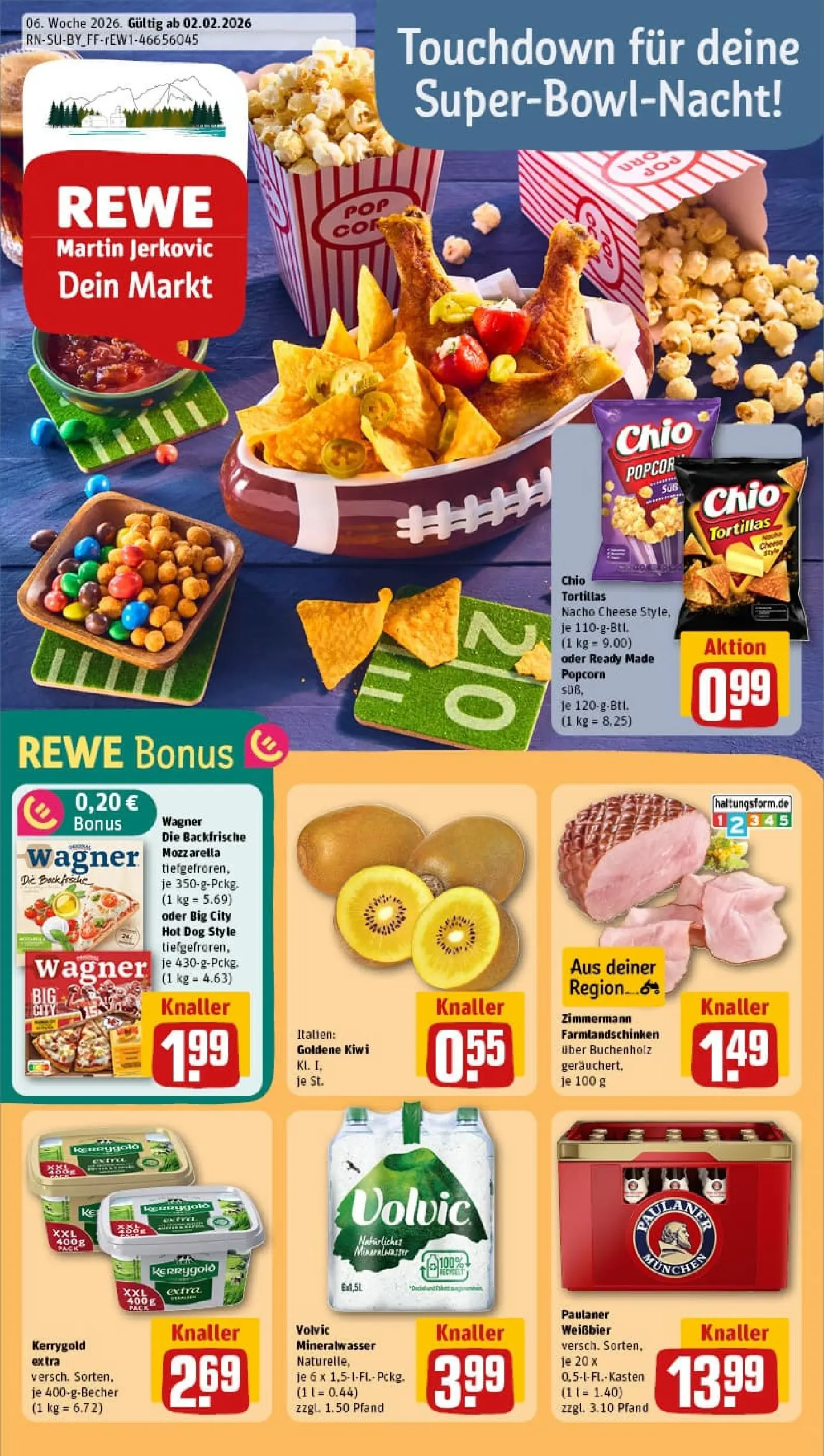 REWE Prospekt ab 02.02.2026 zum Blättern » Angebote | Seite: 1 | Produkte: Butter, Mineralwasser, Volvic, Kiwi