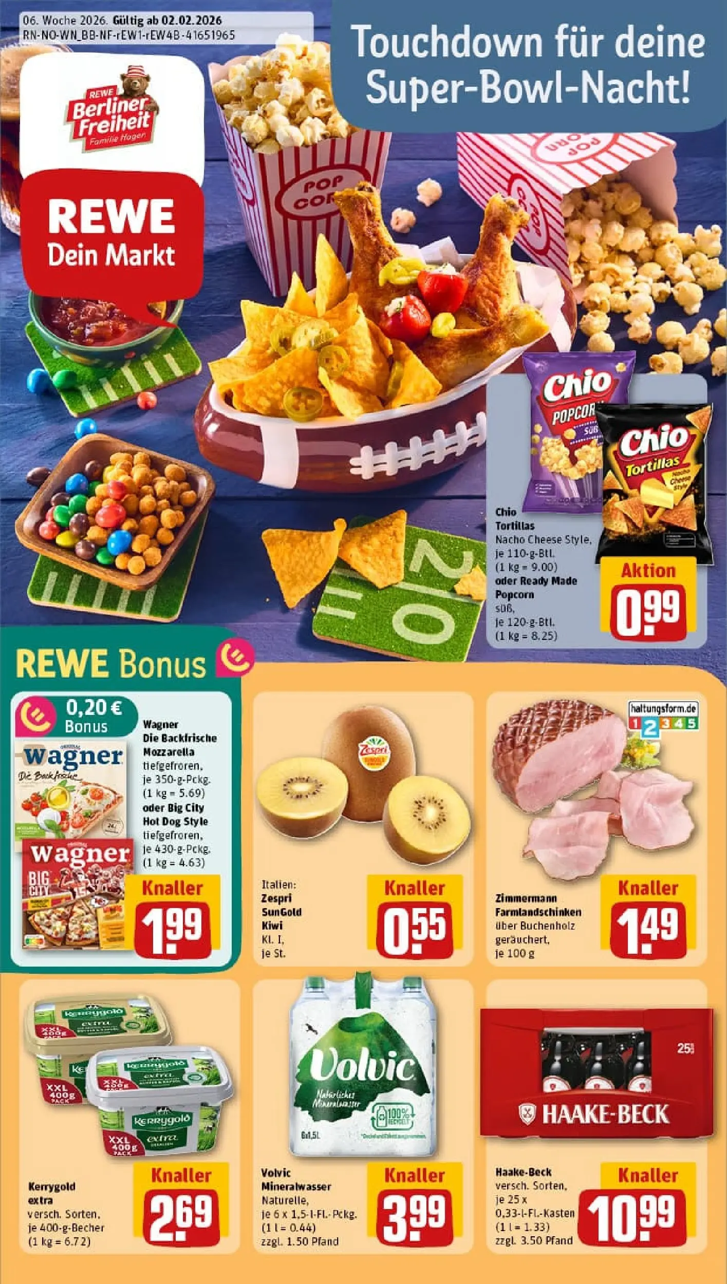 REWE Prospekt ab 02.02.2026 zum Blättern » Angebote | Seite: 1 | Produkte: Berliner, Butter, Mozzarella, Kiwi