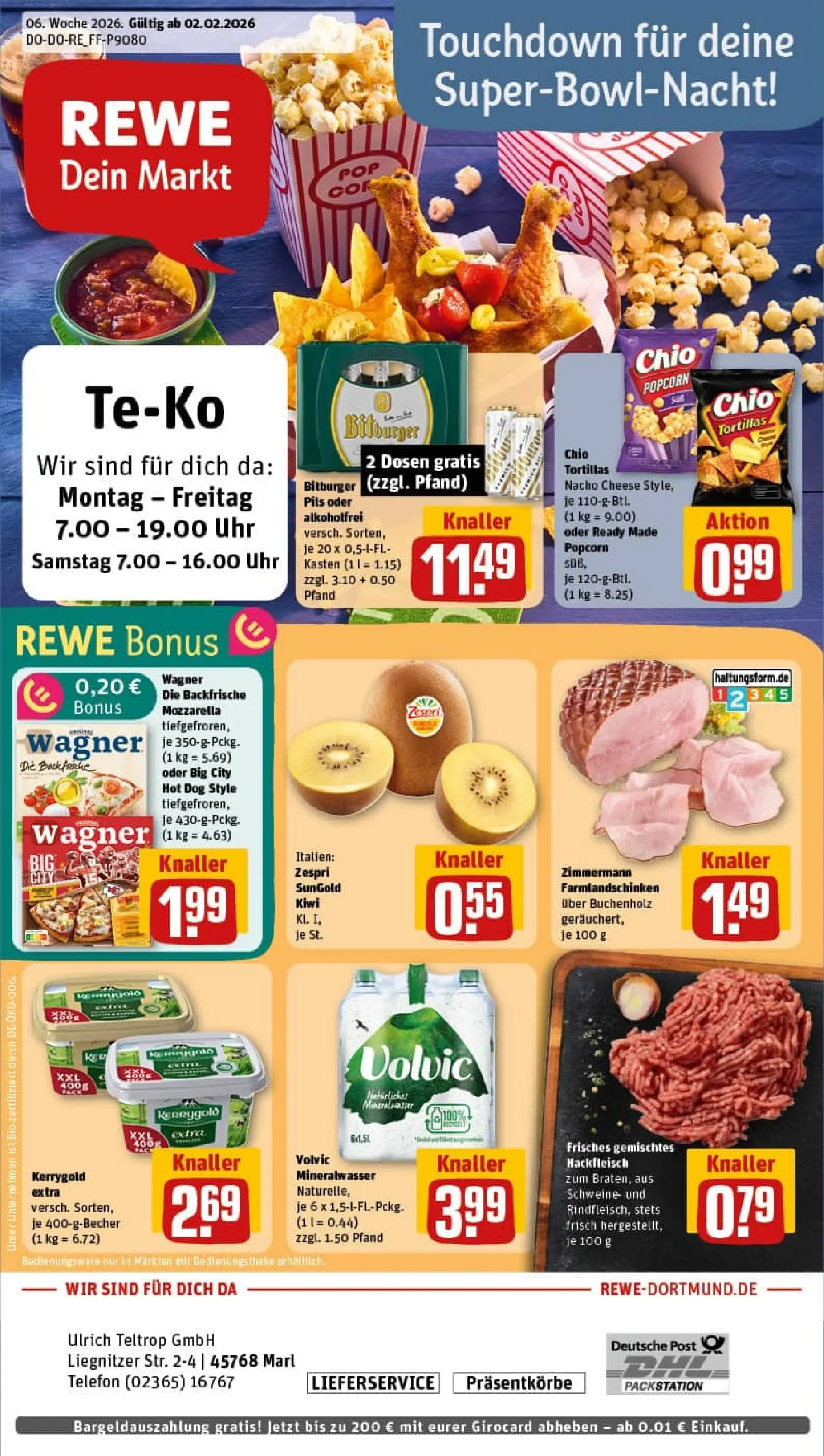 REWE Prospekt ab 02.02.2026 zum Blättern » Angebote | Seite: 1 | Produkte: Bitburger, Butter, Pils, Hackfleisch