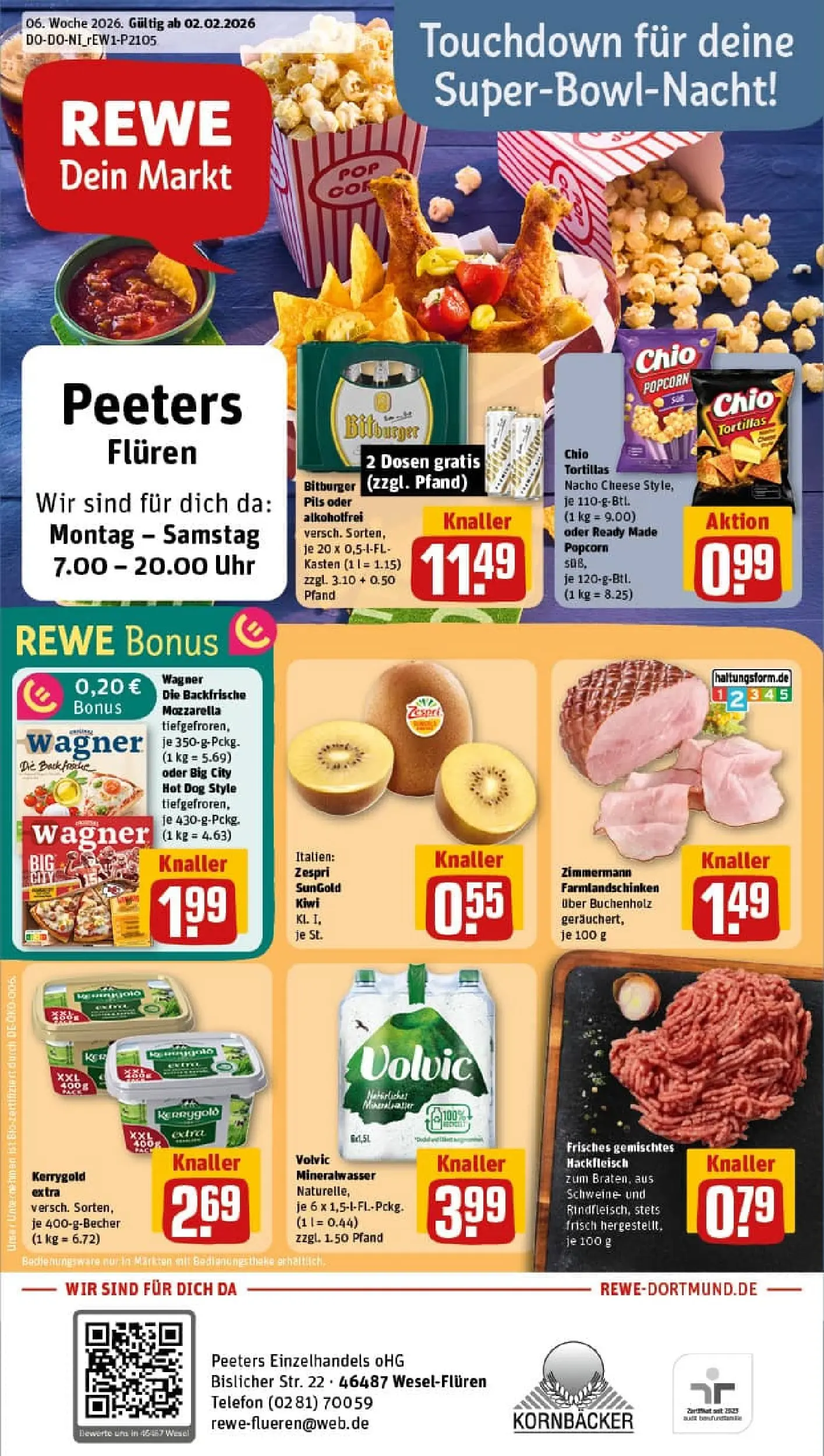 REWE Prospekt ab 02.02.2026 zum Blättern » Angebote | Seite: 1 | Produkte: Pils, Mineralwasser, Telefon, Hackfleisch