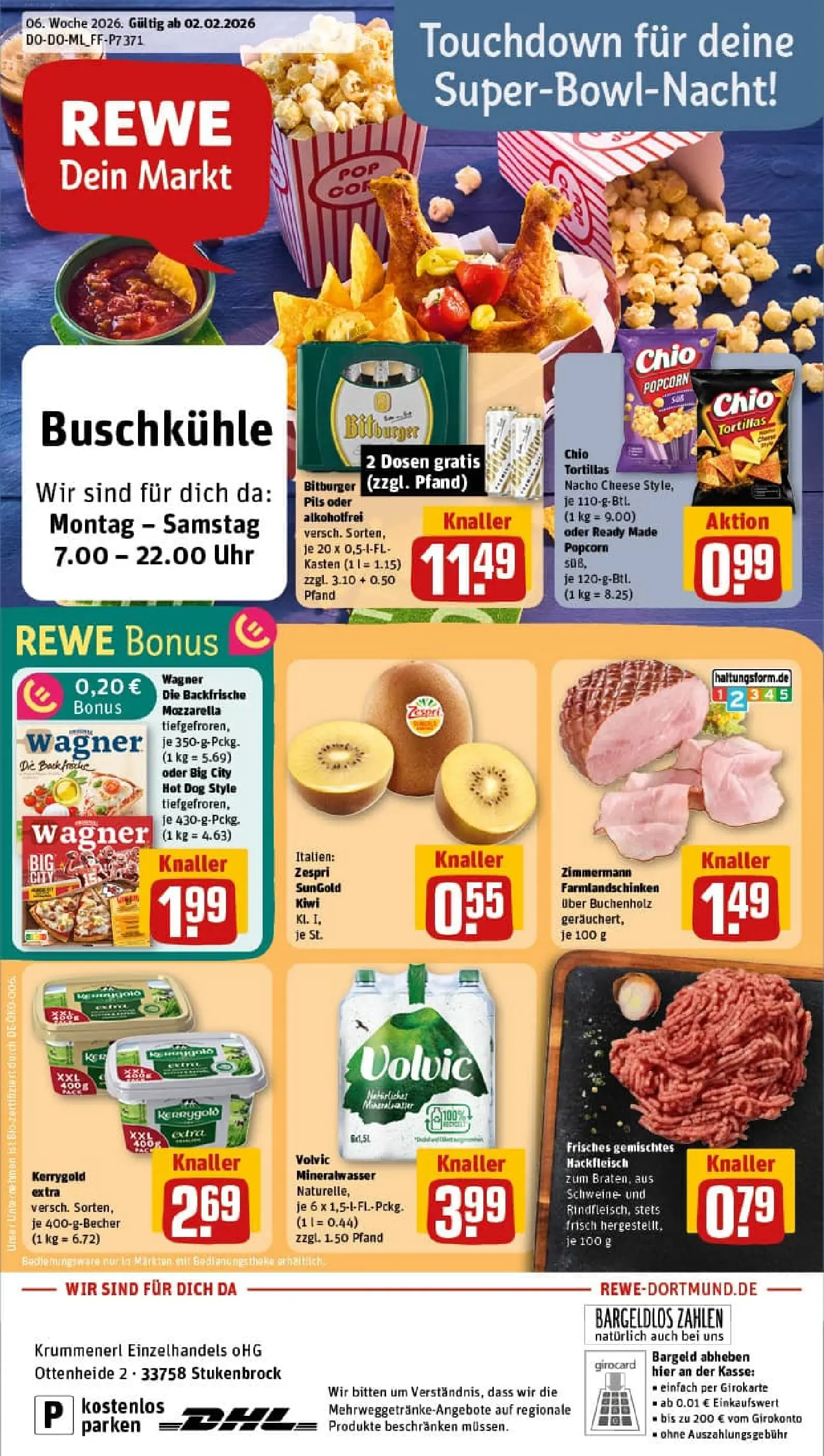 REWE Prospekt ab 02.02.2026 zum Blättern » Angebote | Seite: 1 | Produkte: Mineralwasser, Chio tortillas, Pizza, Volvic
