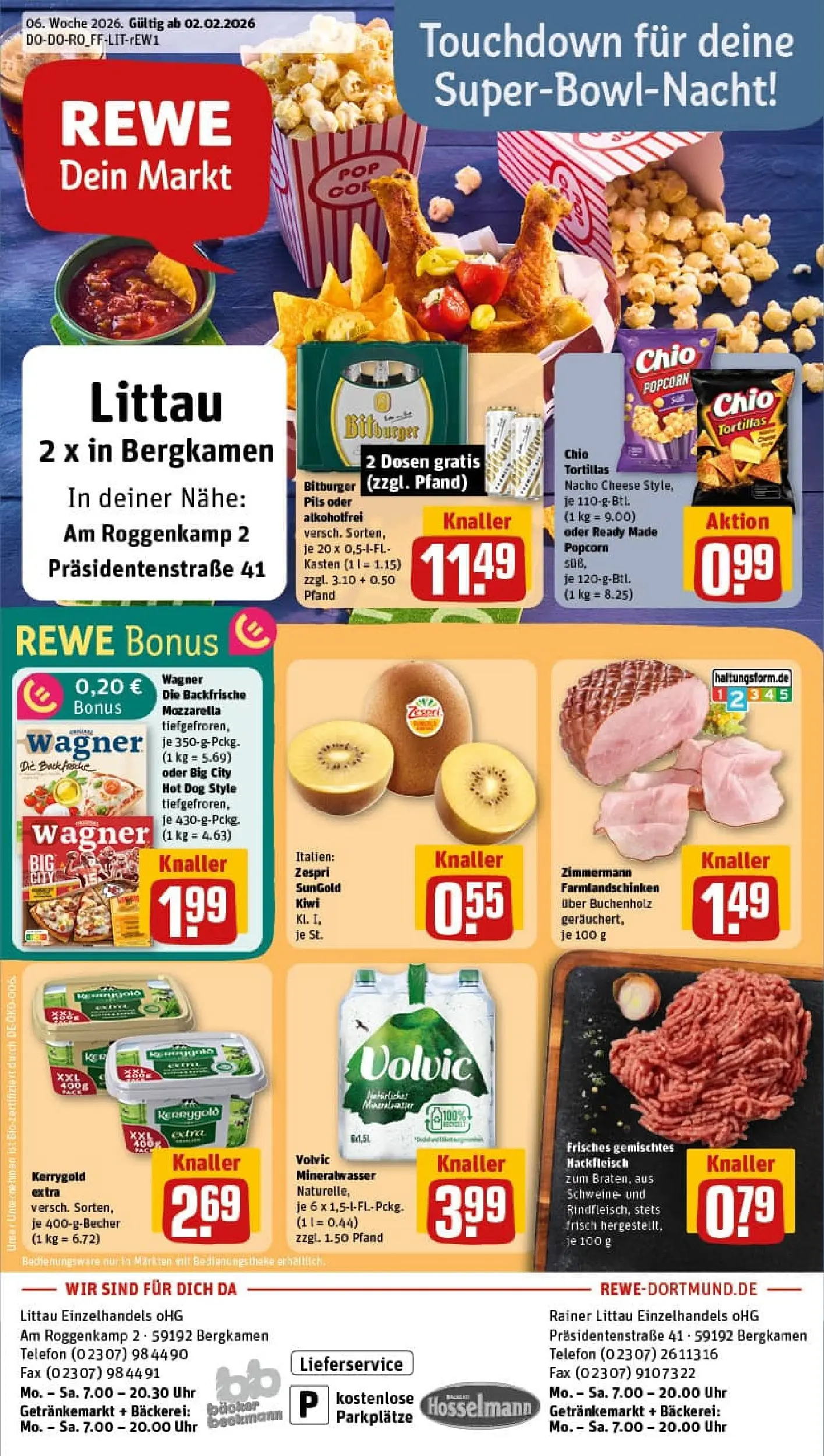 REWE Prospekt ab 02.02.2026 zum Blättern » Angebote | Seite: 1 | Produkte: Mineralwasser, Chips, Volvic, Kiwi