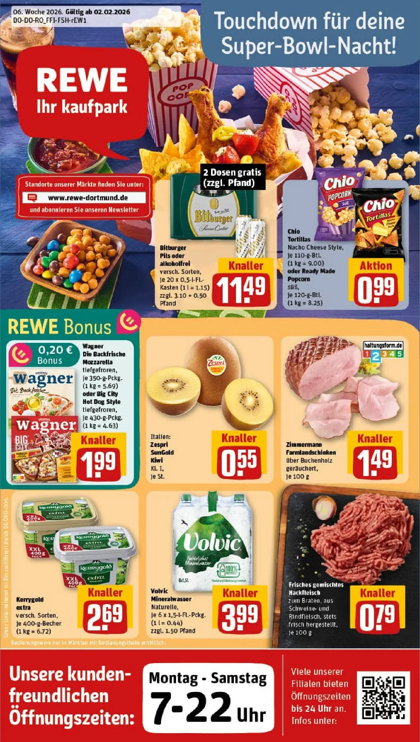 REWE Prospekt ab 02.02.2026 zum Blättern » Angebote | Seite: 1 | Produkte: Pils, Volvic, Kiwi, Uhr