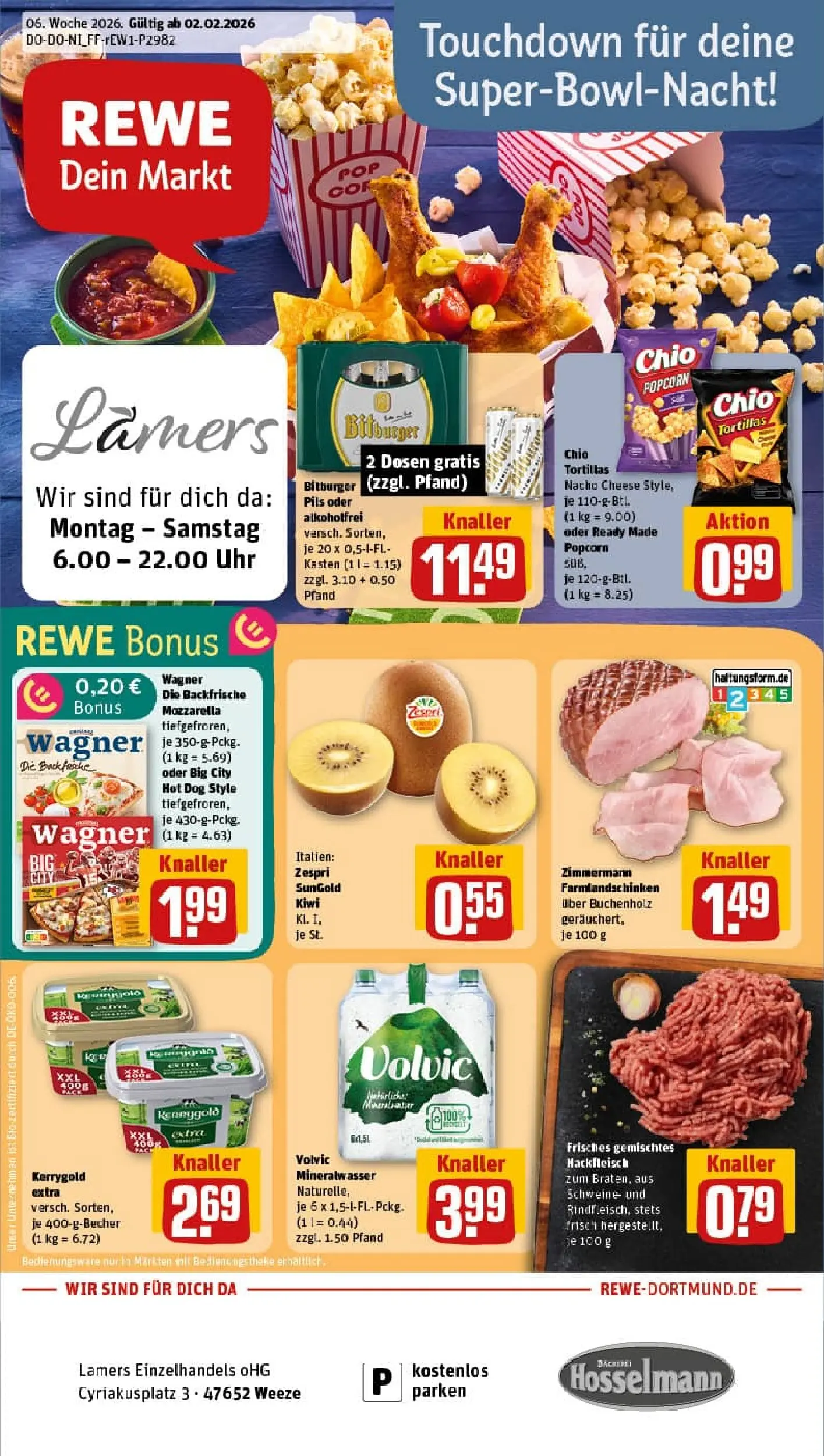 REWE Prospekt ab 02.02.2026 zum Blättern » Angebote | Seite: 1 | Produkte: Bitburger, Pils, Chips, Kiwi