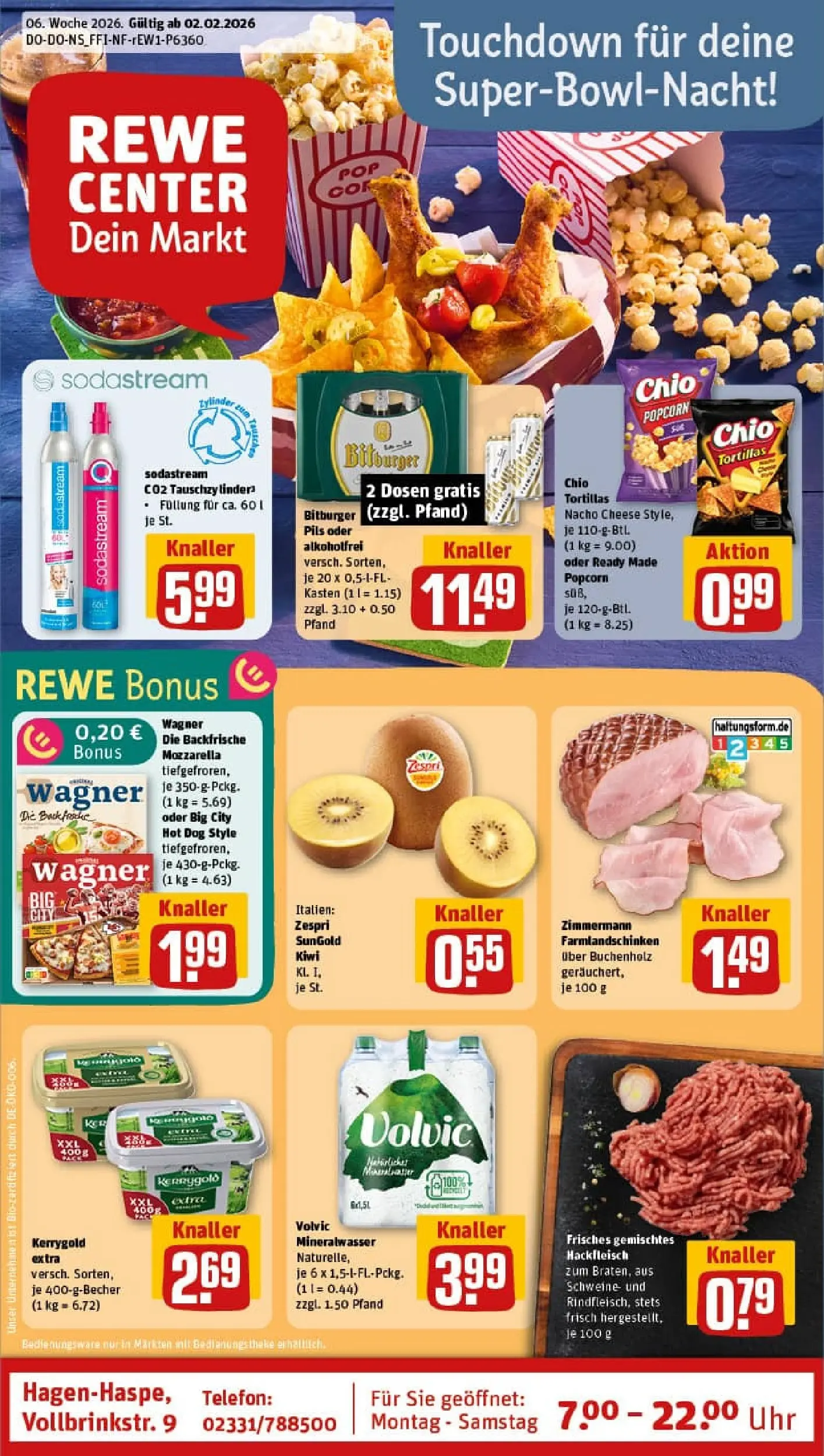 REWE Prospekt ab 02.02.2026 zum Blättern » Angebote | Seite: 1 | Produkte: Chio tortillas, Volvic, Kiwi, Uhr