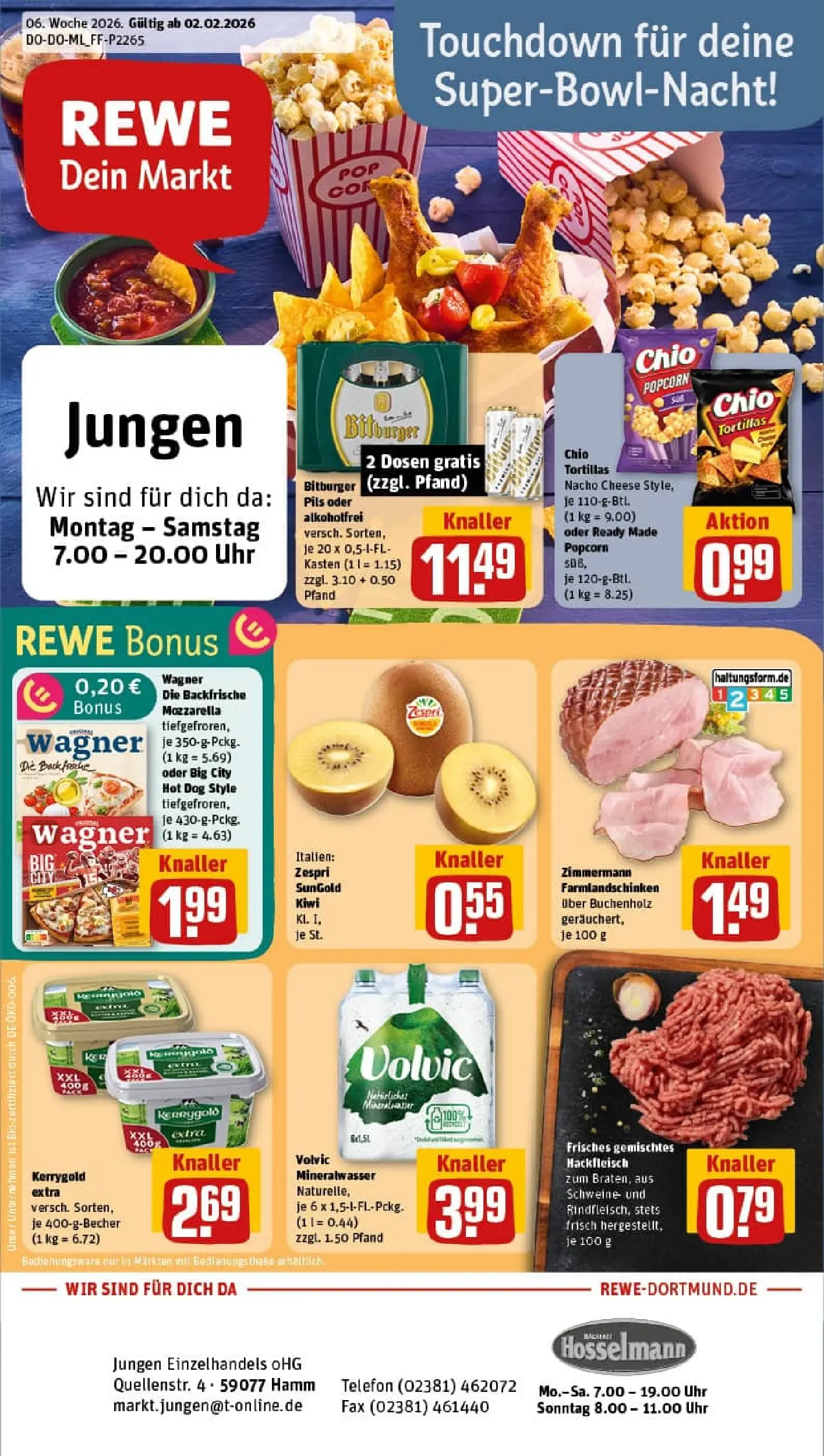 REWE Prospekt ab 02.02.2026 zum Blättern » Angebote | Seite: 1 | Produkte: Mozzarella, Mineralwasser, Chio tortillas, Hackfleisch