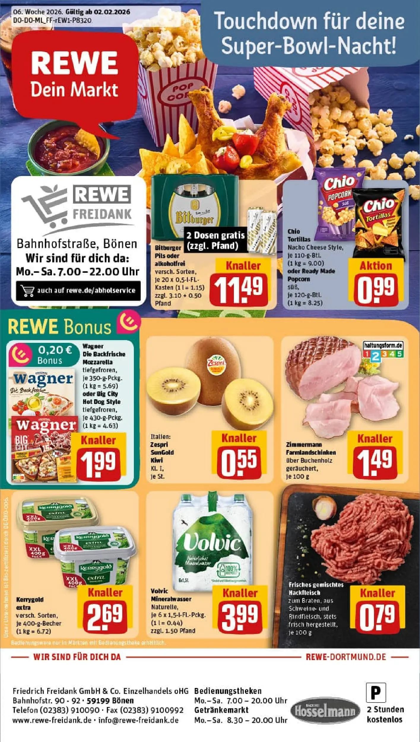 REWE Prospekt ab 02.02.2026 zum Blättern » Angebote | Seite: 1 | Produkte: Pizza, Volvic, Telefon, Hackfleisch