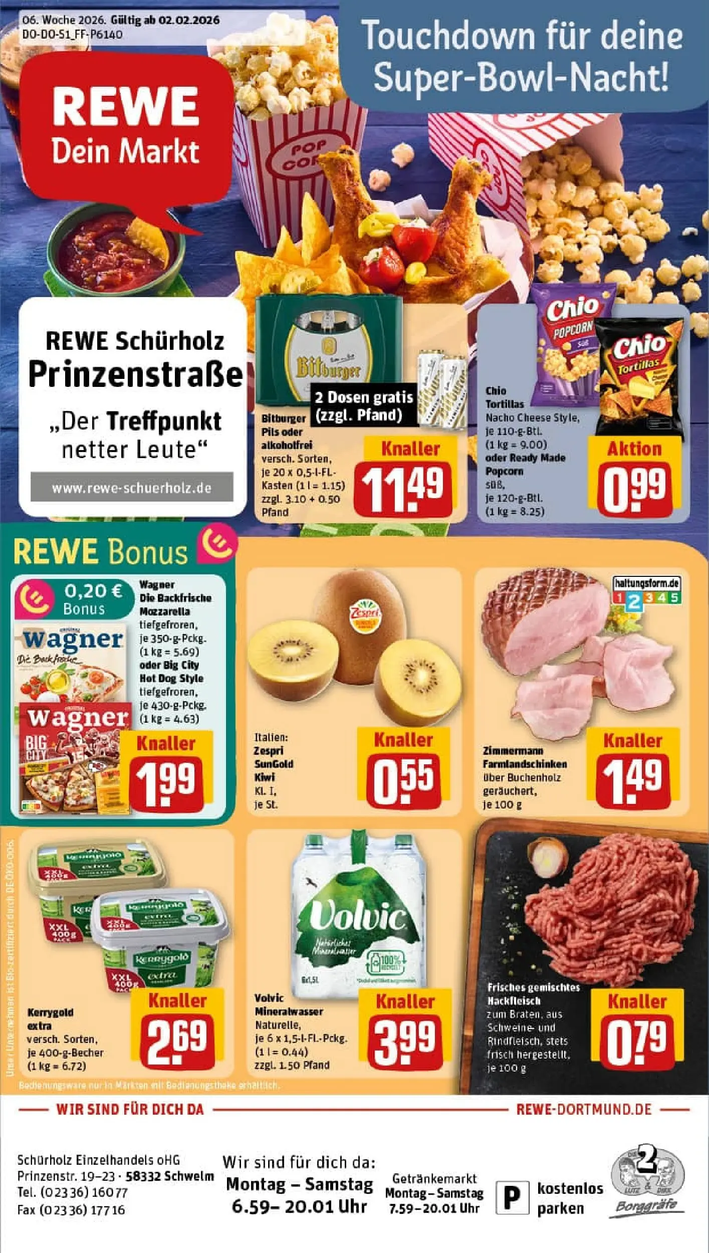 REWE Prospekt ab 02.02.2026 zum Blättern » Angebote | Seite: 1 | Produkte: Bitburger, Mineralwasser, Pizza, Volvic