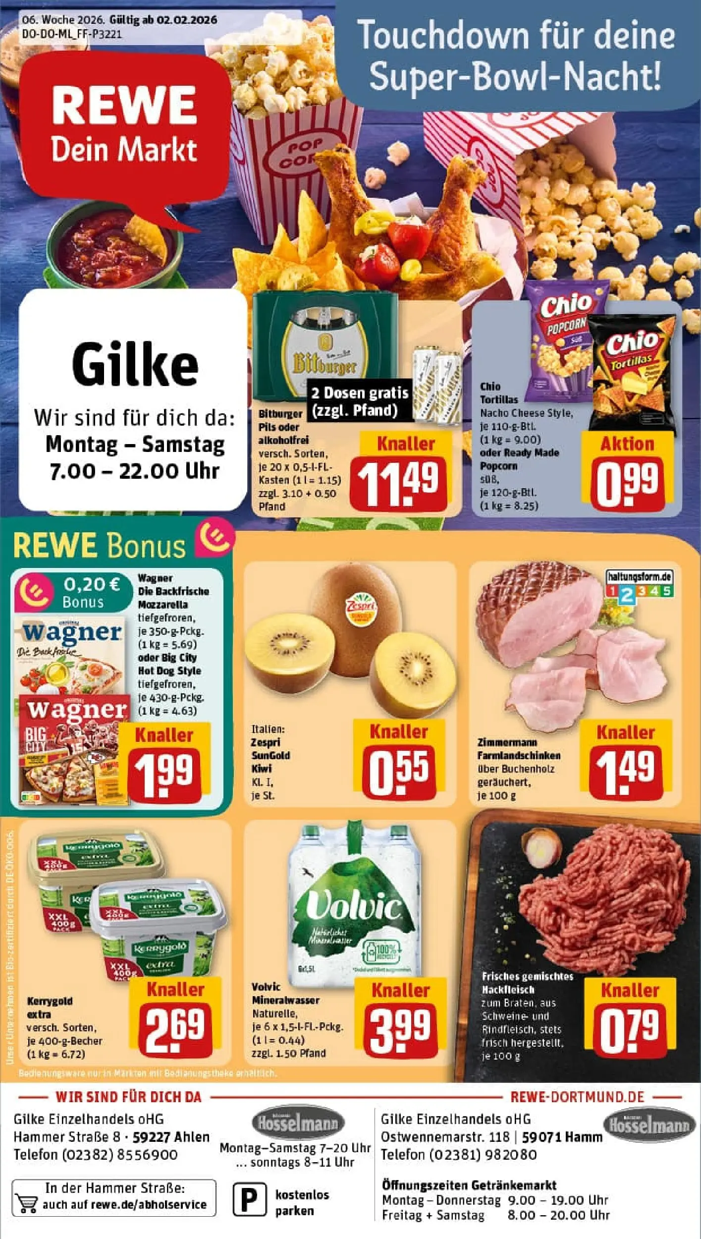 REWE Prospekt ab 02.02.2026 zum Blättern » Angebote | Seite: 1 | Produkte: Butter, Pizza, Kiwi, Hackfleisch