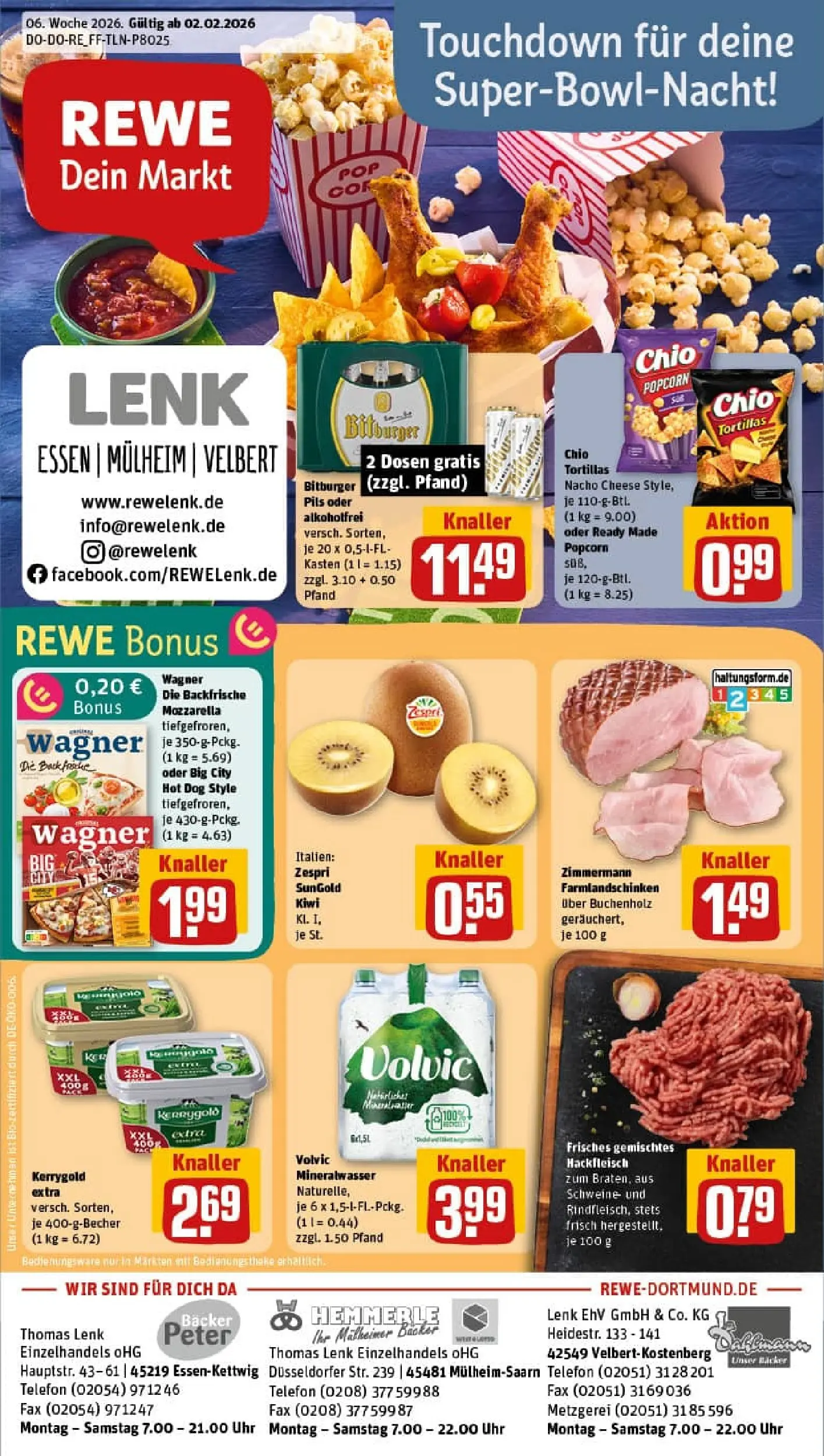 REWE Prospekt ab 02.02.2026 zum Blättern » Angebote | Seite: 1 | Produkte: Mozzarella, Pils, Telefon, Uhr