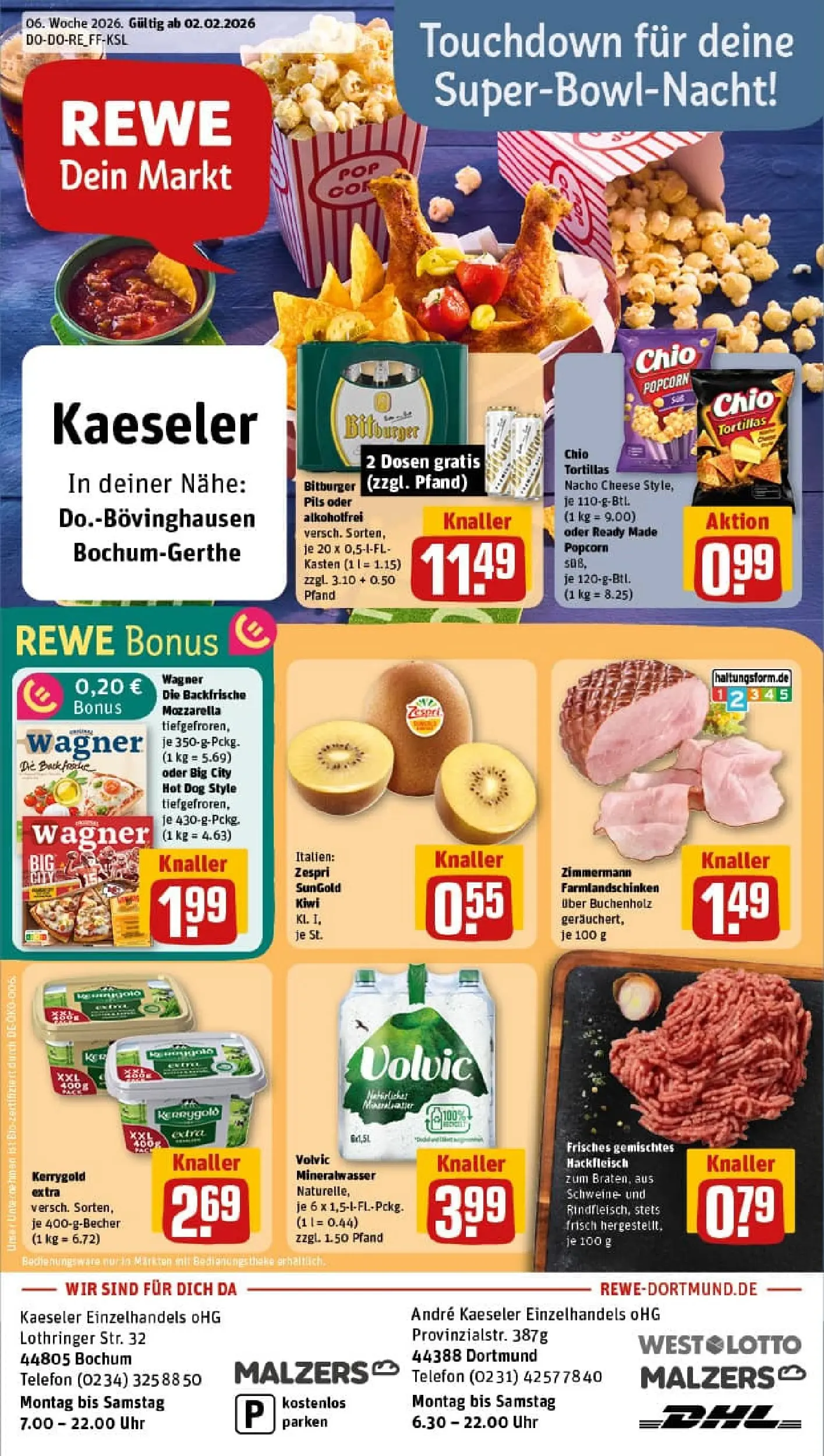 REWE Prospekt ab 02.02.2026 zum Blättern » Angebote | Seite: 1 | Produkte: Kiwi, Telefon, Uhr, Hackfleisch