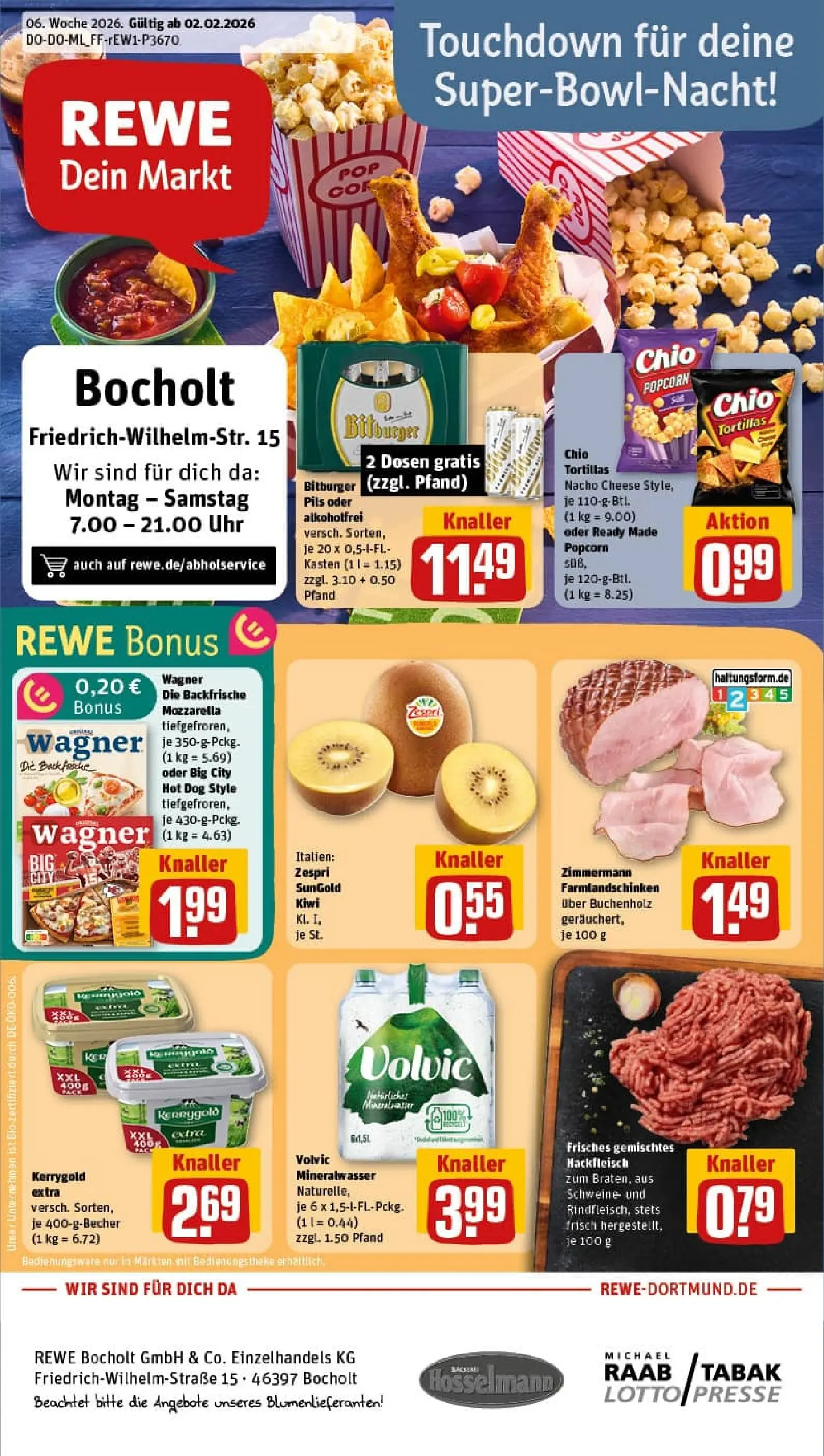 REWE Prospekt ab 02.02.2026 zum Blättern » Angebote | Seite: 1 | Produkte: Bitburger, Chio tortillas, Volvic, Uhr