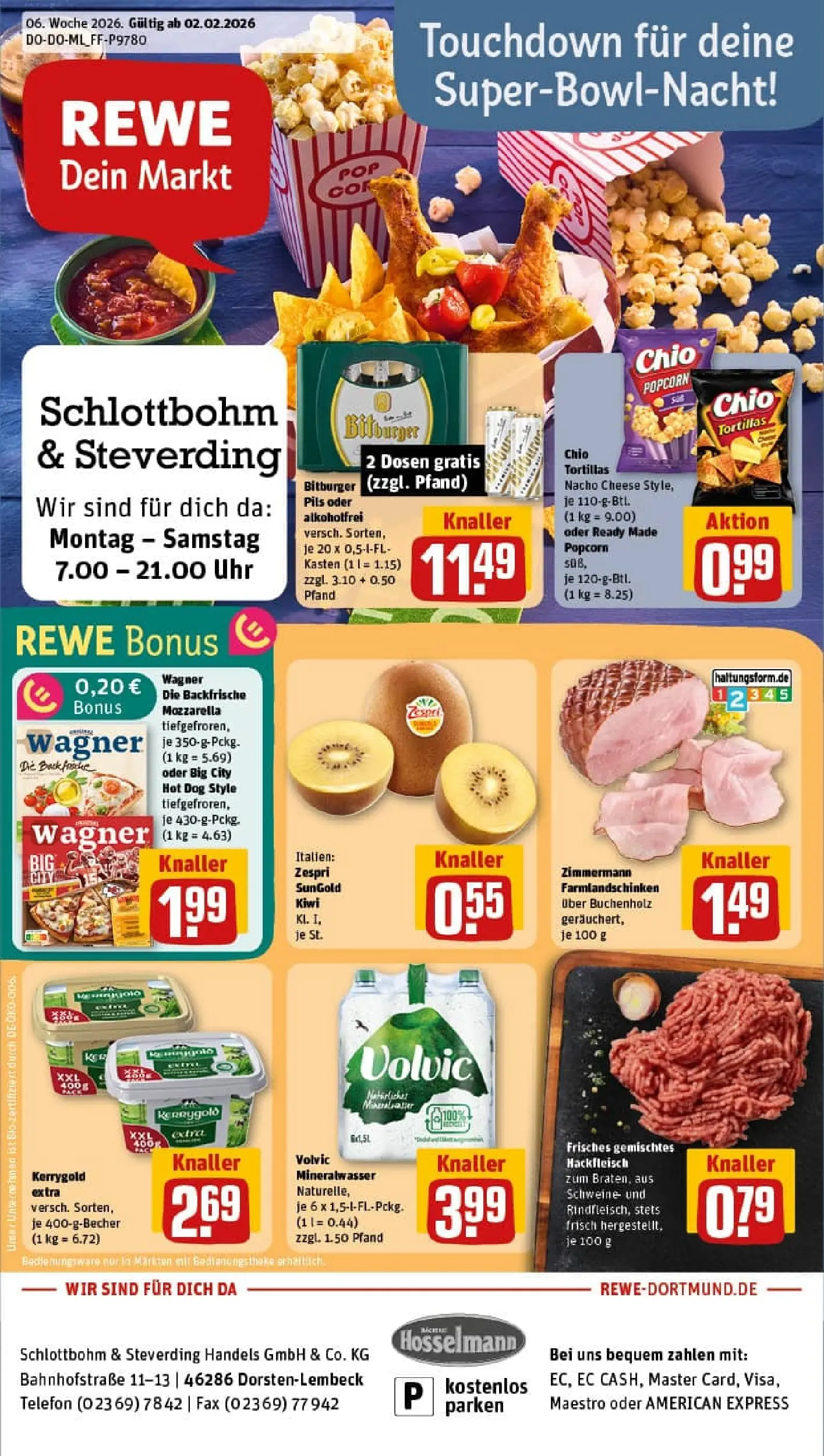 REWE Prospekt ab 02.02.2026 zum Blättern » Angebote | Seite: 1 | Produkte: Butter, Telefon, Uhr, Hackfleisch