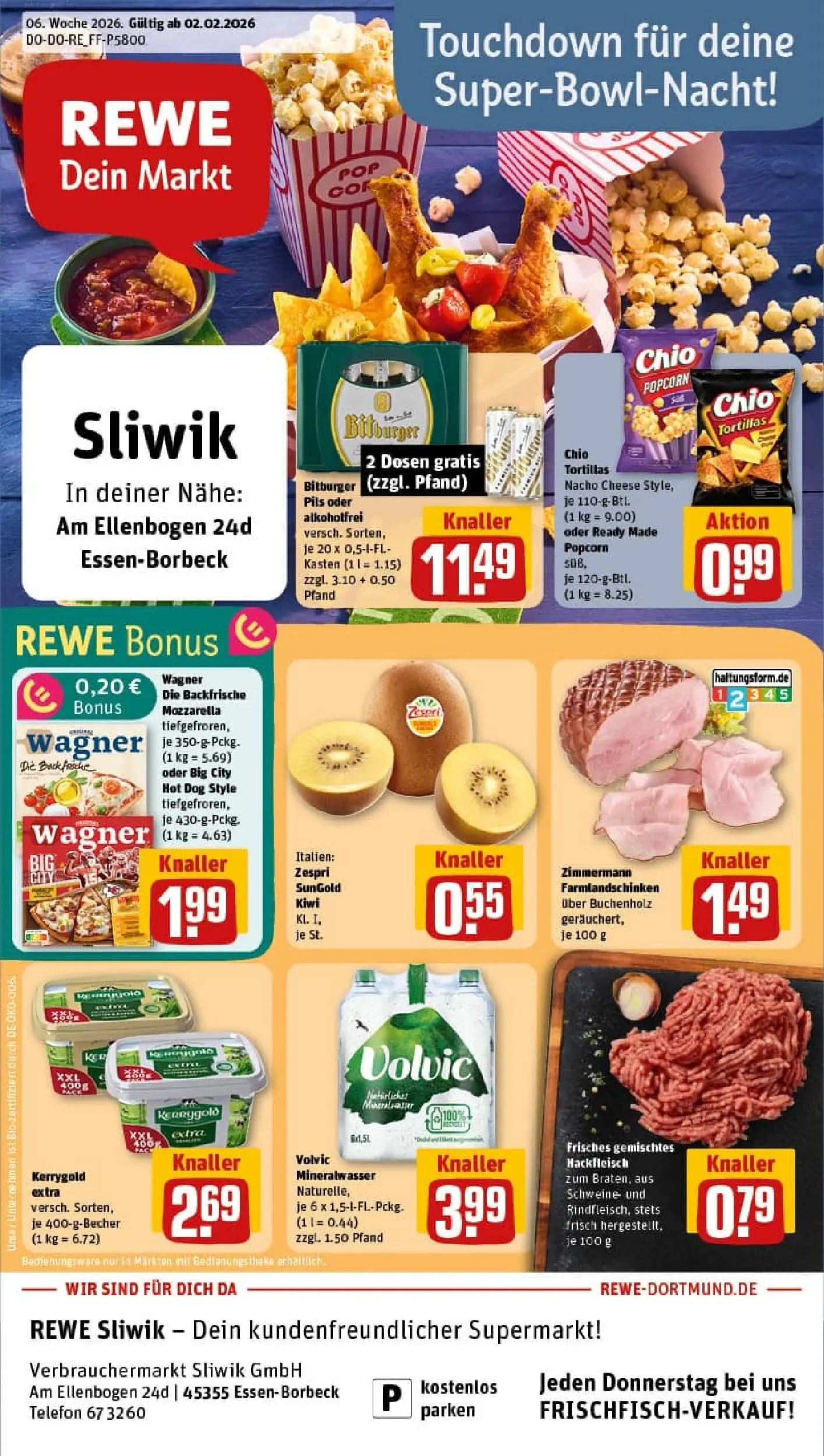 REWE Prospekt ab 02.02.2026 zum Blättern » Angebote | Seite: 1 | Produkte: Bitburger, Chips, Volvic, Hackfleisch