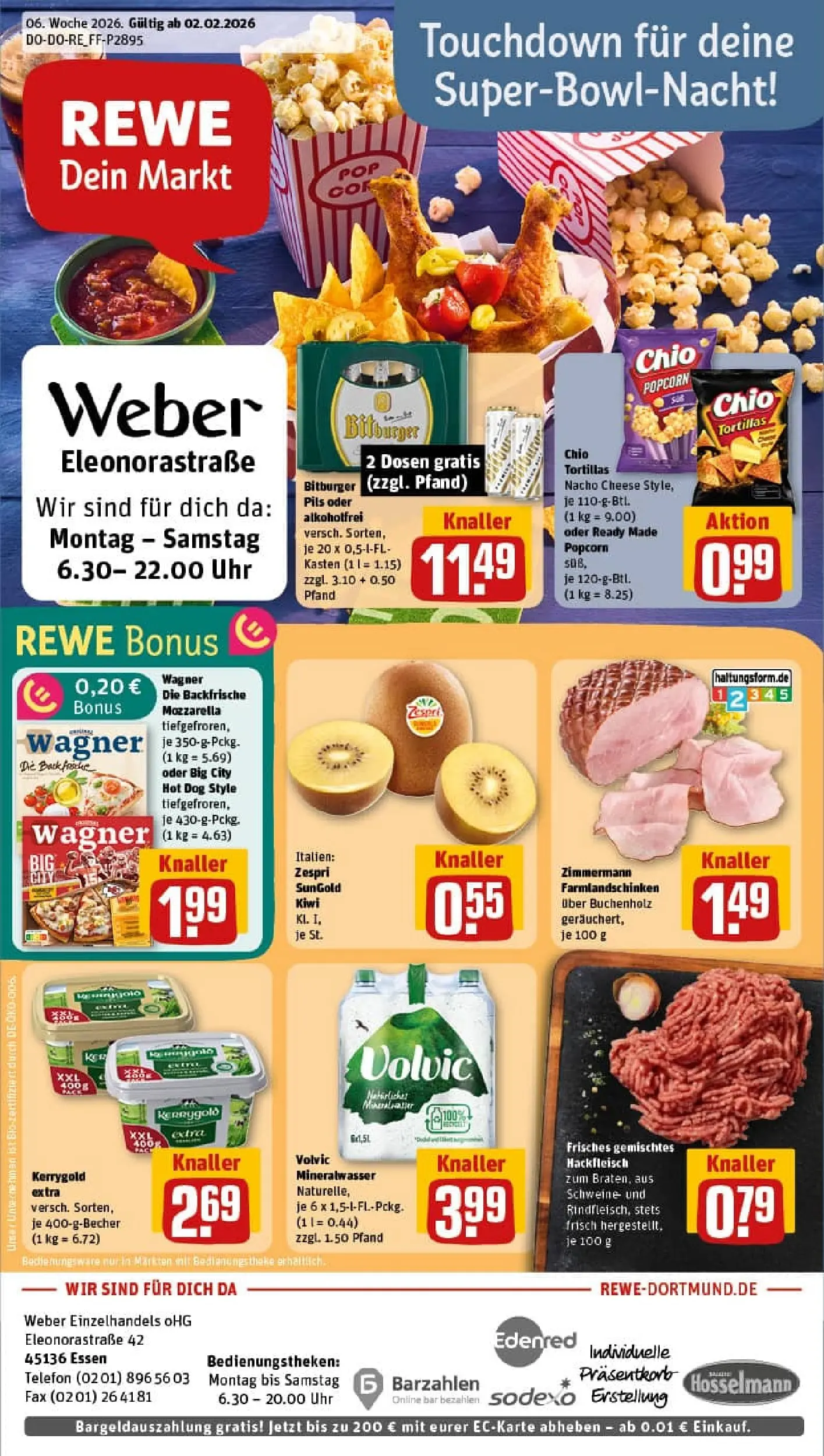 REWE Prospekt ab 02.02.2026 zum Blättern » Angebote | Seite: 1 | Produkte: Bitburger, Mozzarella, Chio tortillas, Pizza