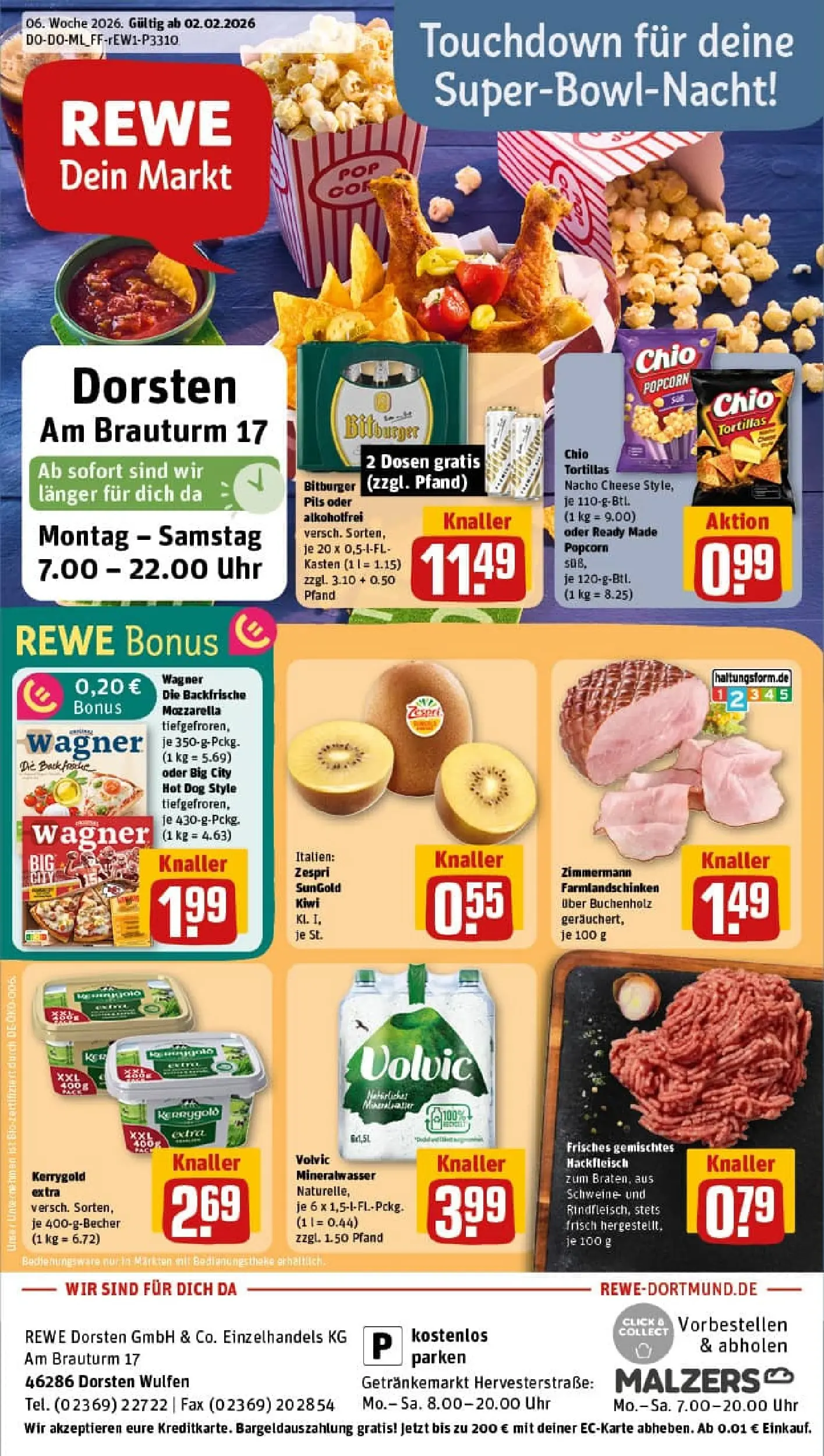 REWE Prospekt ab 02.02.2026 zum Blättern » Angebote | Seite: 1 | Produkte: Bitburger, Pizza, Kiwi, Hackfleisch
