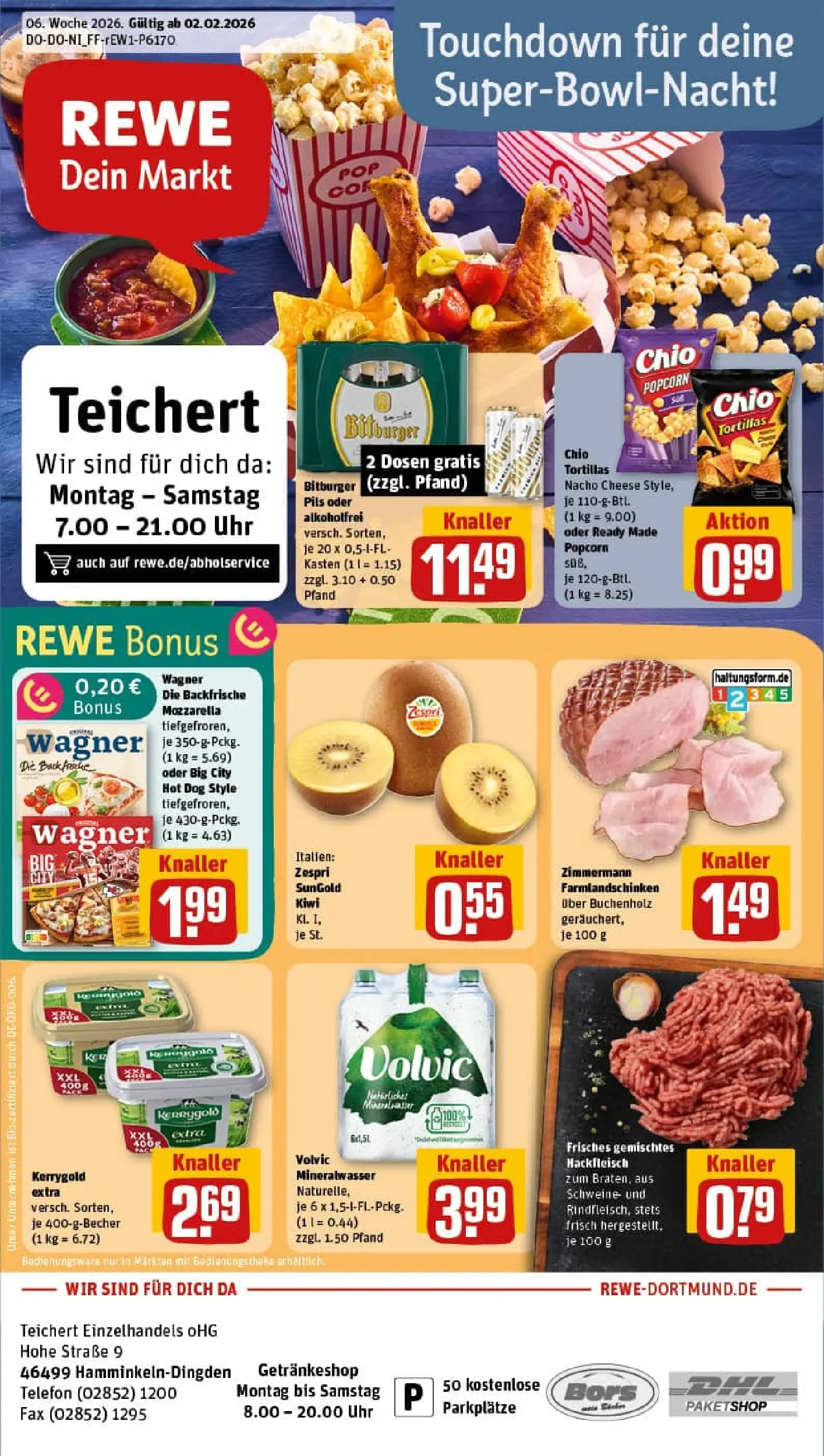 REWE Prospekt ab 02.02.2026 zum Blättern » Angebote | Seite: 1 | Produkte: Pils, Chips, Volvic, Uhr