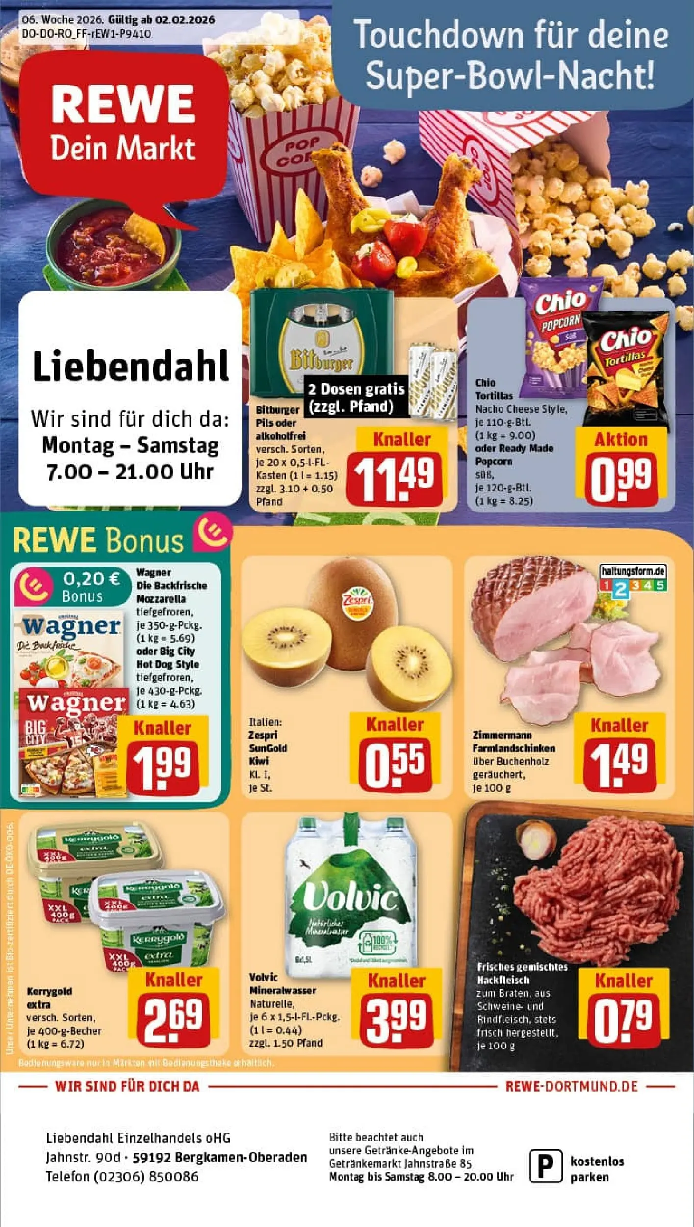 REWE Prospekt ab 02.02.2026 zum Blättern » Angebote | Seite: 1 | Produkte: Bitburger, Butter, Mineralwasser, Pizza