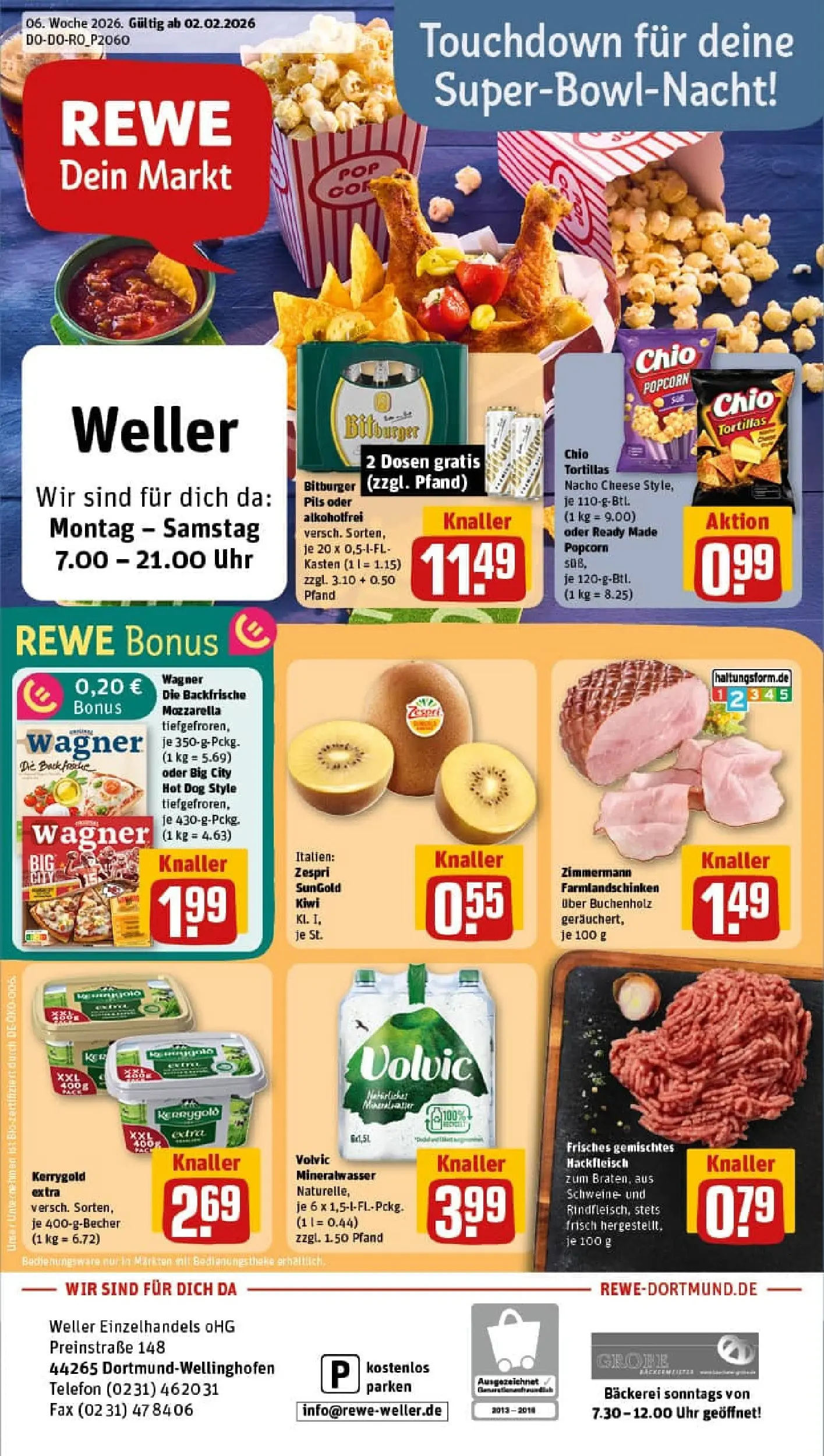 REWE Prospekt ab 02.02.2026 zum Blättern » Angebote | Seite: 1 | Produkte: Mozzarella, Pizza, Kiwi, Uhr