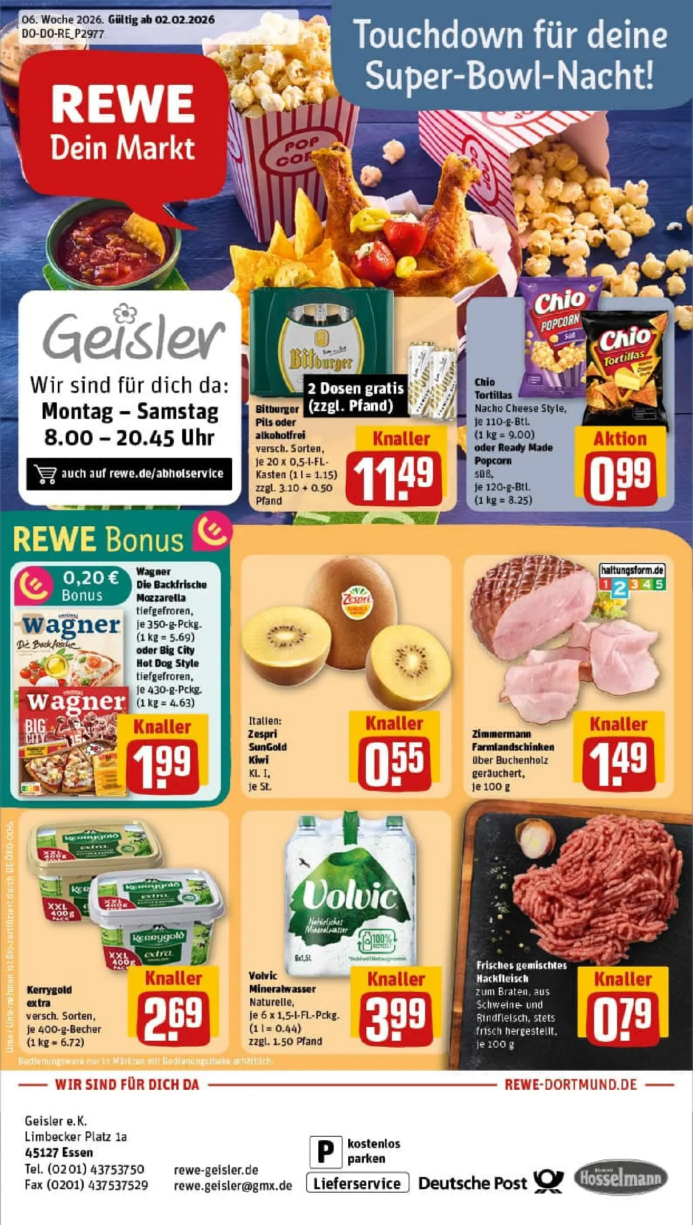 REWE Prospekt ab 02.02.2026 zum Blättern » Angebote | Seite: 1 | Produkte: Bitburger, Pils, Chio tortillas, Hackfleisch