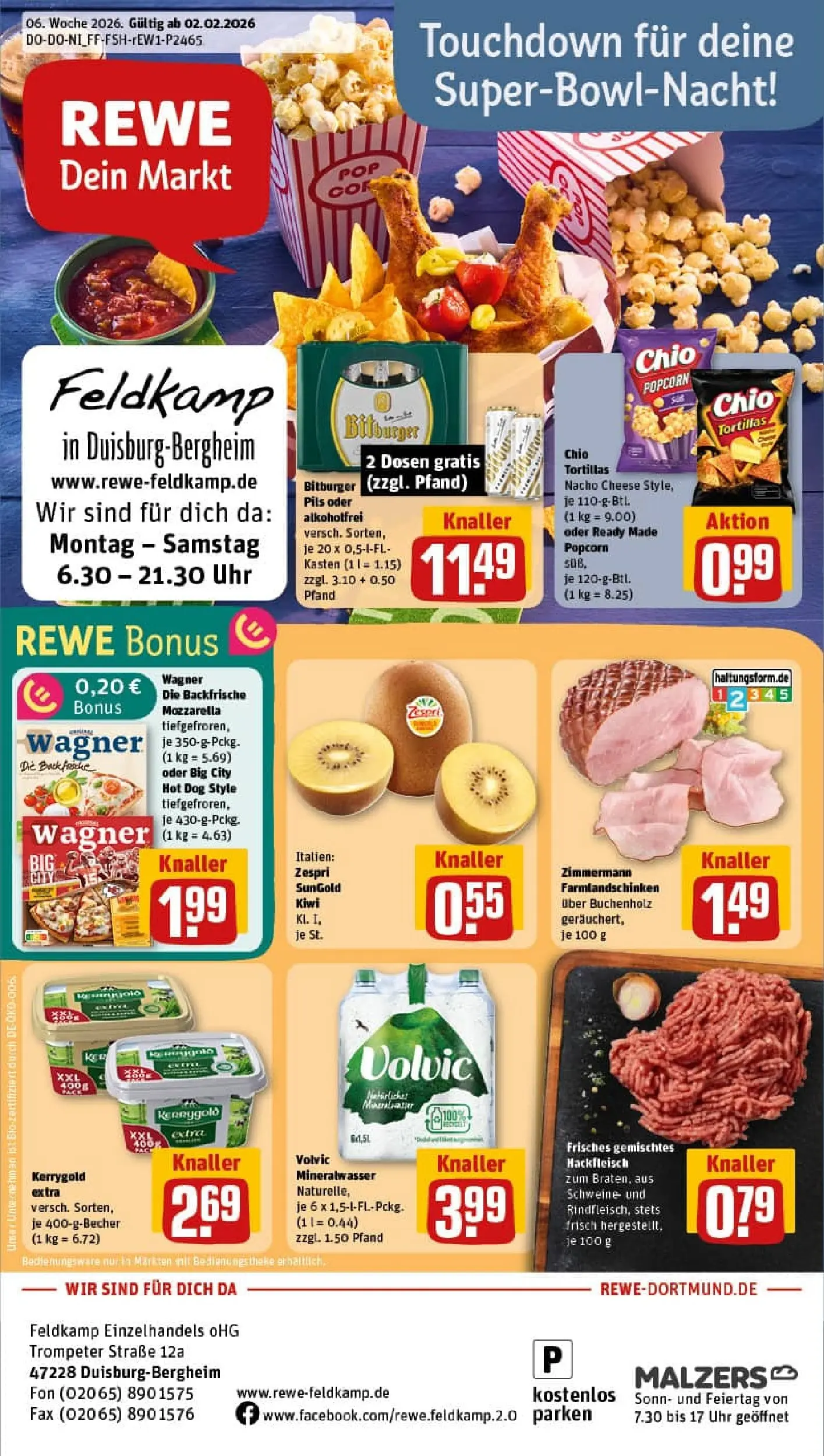 REWE Prospekt ab 02.02.2026 zum Blättern » Angebote | Seite: 1 | Produkte: Bitburger, Pils, Volvic, Hackfleisch