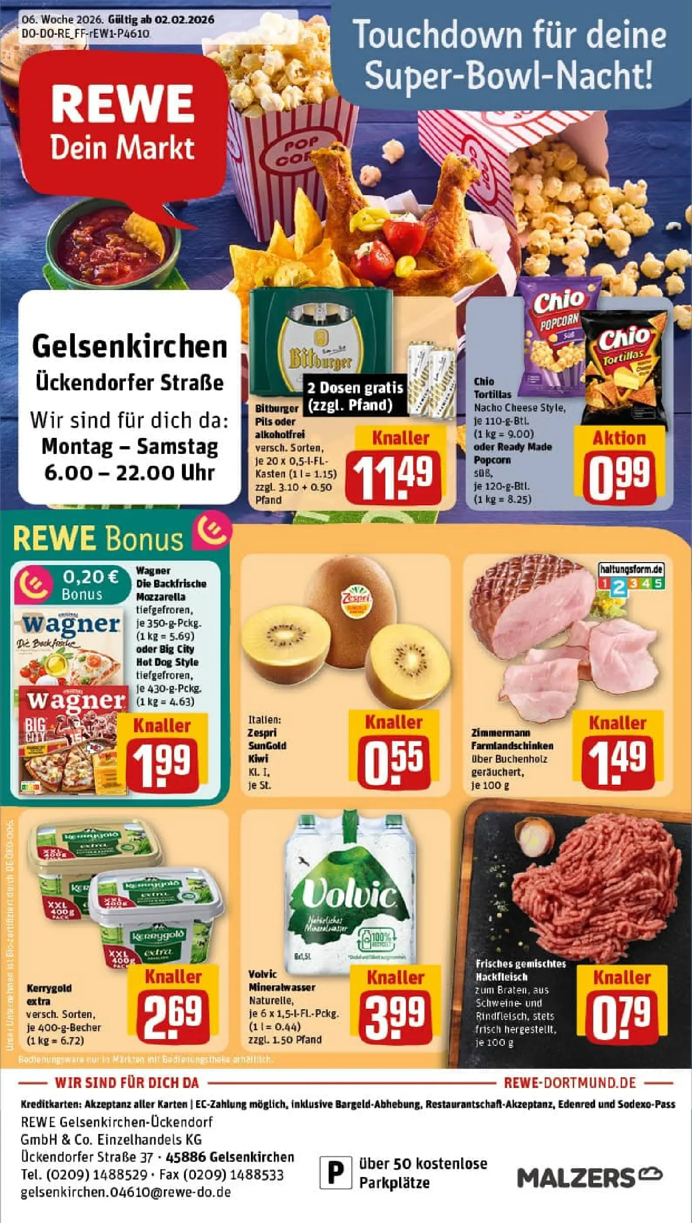 REWE Prospekt ab 02.02.2026 zum Blättern » Angebote | Seite: 1 | Produkte: Pils, Mineralwasser, Chio tortillas, Hackfleisch