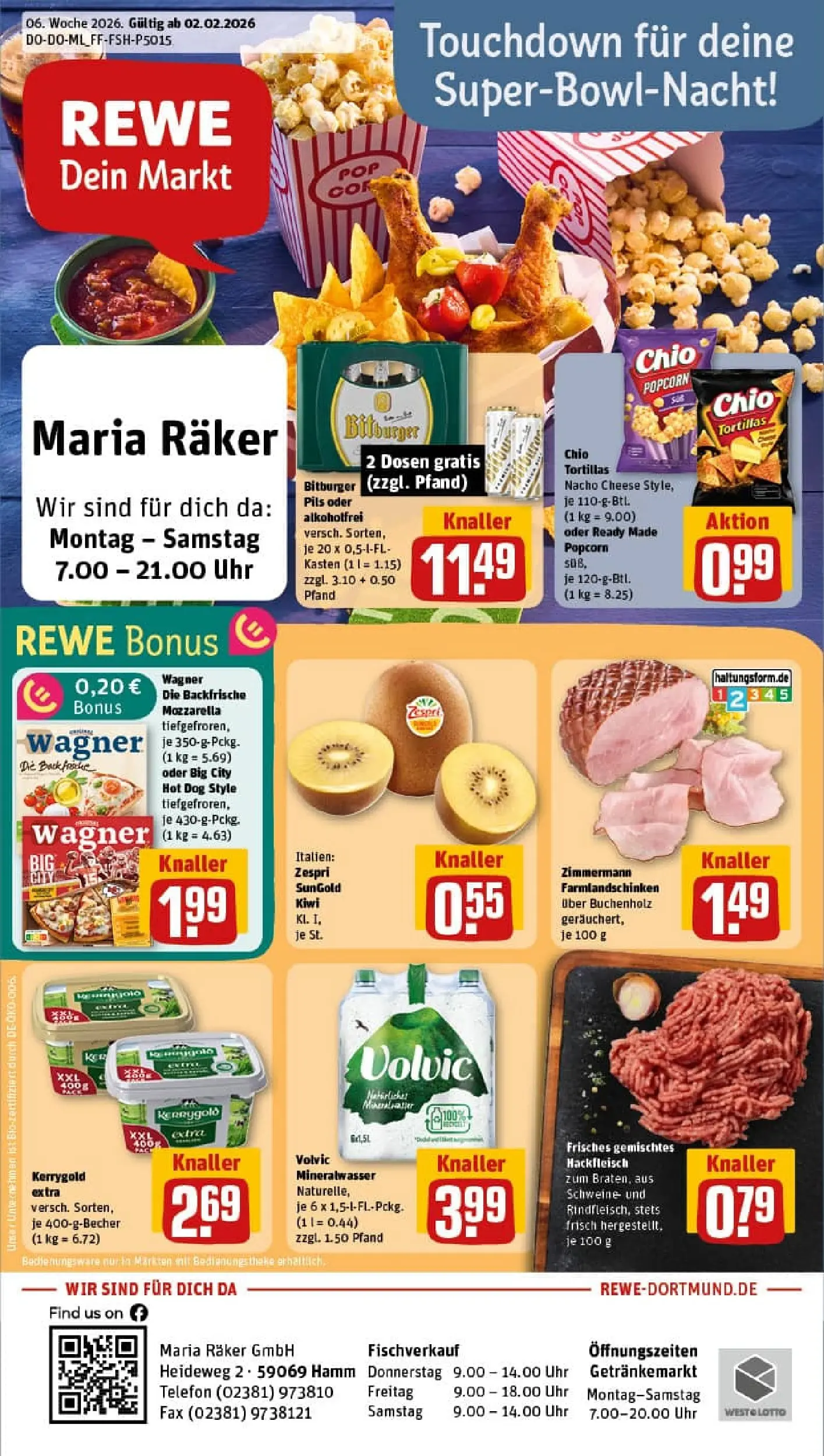 REWE Prospekt ab 02.02.2026 zum Blättern » Angebote | Seite: 1 | Produkte: Theke, Mozzarella, Chips, Volvic