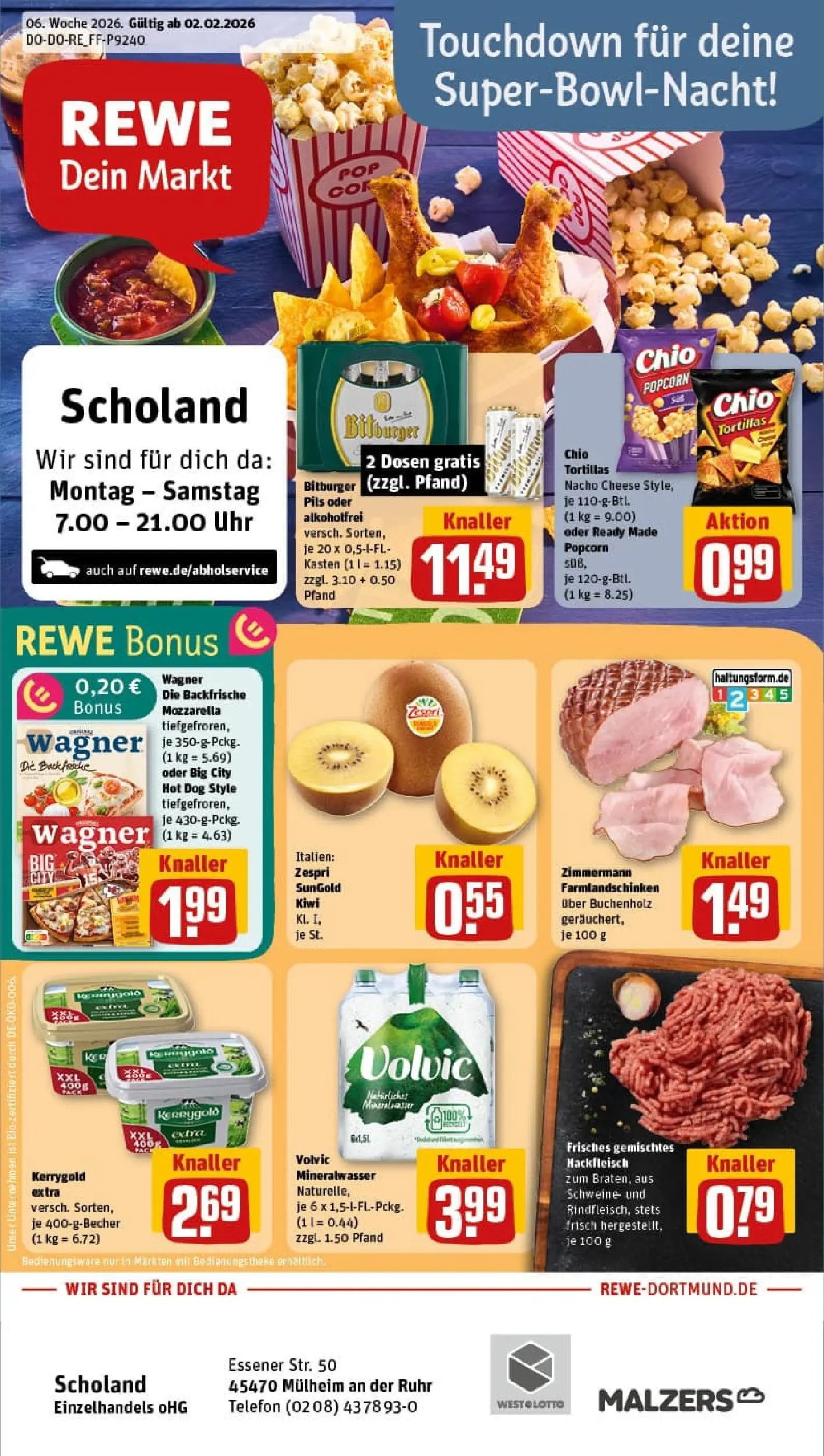 REWE Prospekt ab 02.02.2026 zum Blättern » Angebote | Seite: 1 | Produkte: Mozzarella, Mineralwasser, Volvic, Uhr