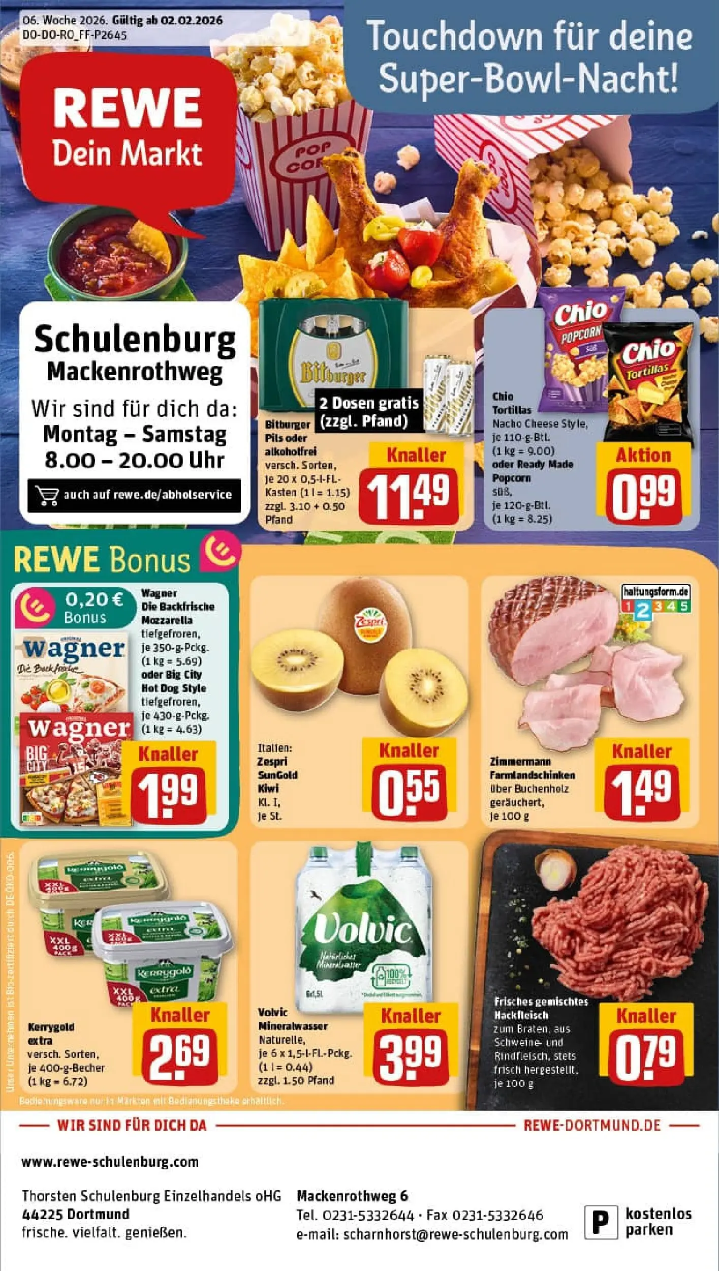 REWE Prospekt ab 01.02.2026 zum Blättern » Angebote | Seite: 1 | Produkte: Mineralwasser, Volvic, Kiwi, Uhr