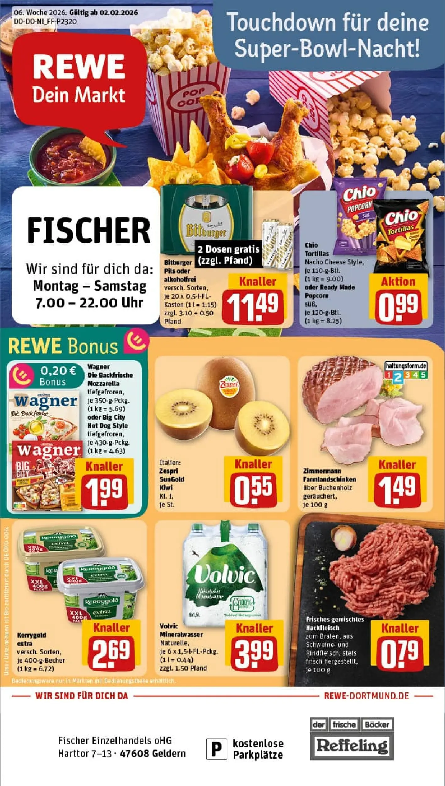 REWE Prospekt ab 01.02.2026 zum Blättern » Angebote | Seite: 1 | Produkte: Mozzarella, Pils, Chio tortillas, Uhr