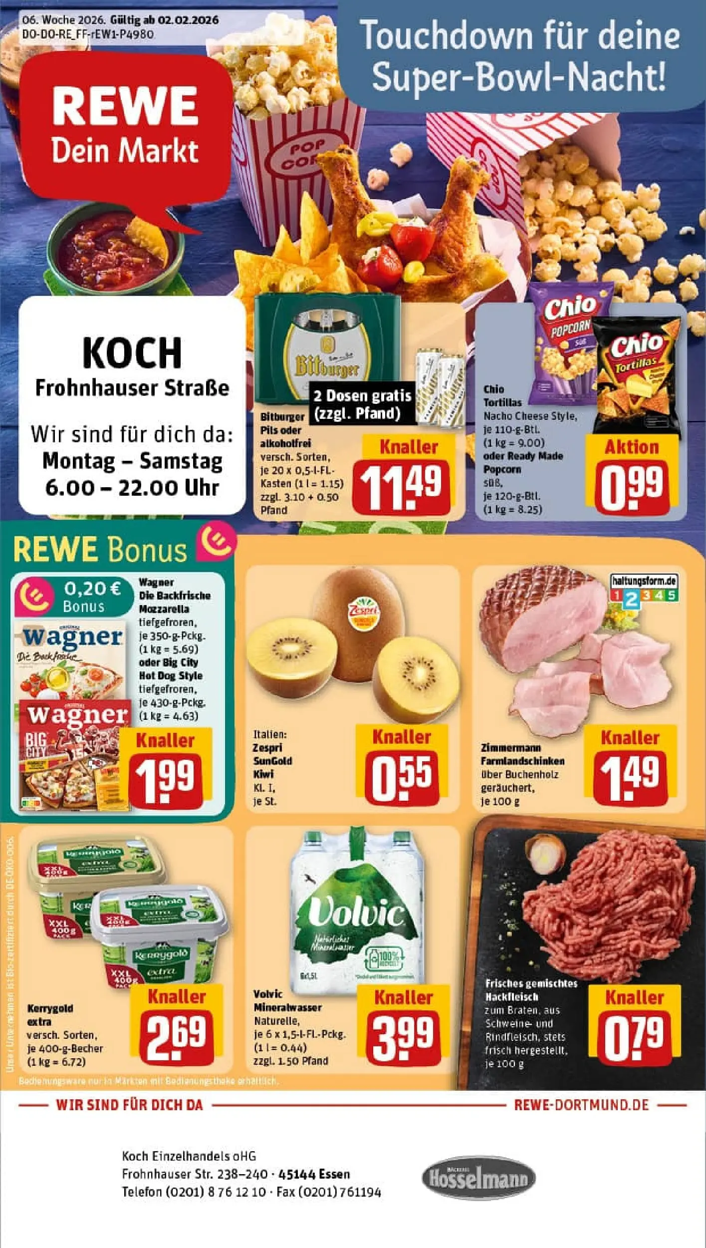 REWE Prospekt ab 02.02.2026 zum Blättern » Angebote | Seite: 1 | Produkte: Pils, Mineralwasser, Chio tortillas, Volvic