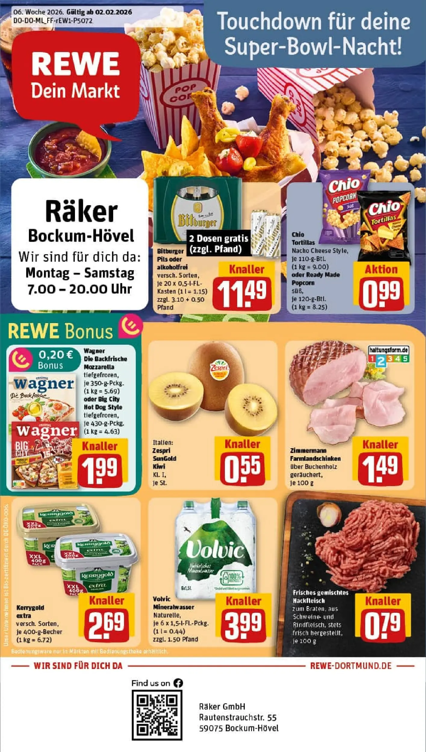 REWE Prospekt ab 02.02.2026 zum Blättern » Angebote | Seite: 1 | Produkte: Pils, Chio tortillas, Pizza, Hackfleisch