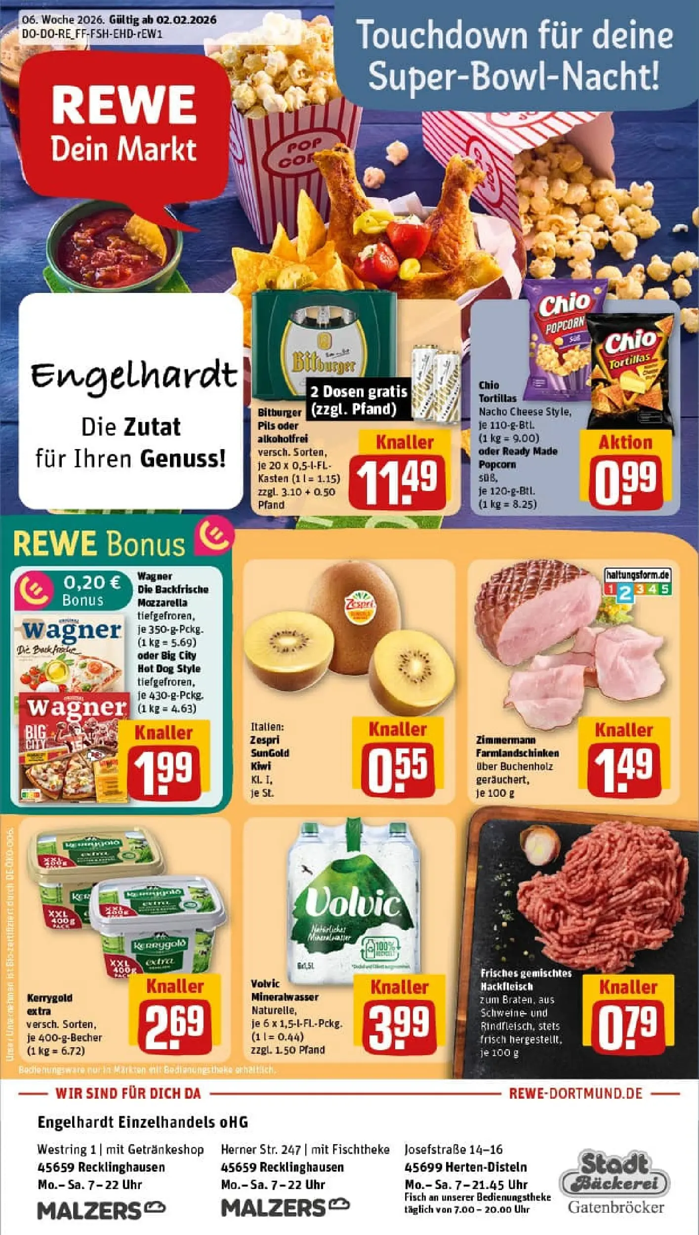 REWE Prospekt ab 02.02.2026 zum Blättern » Angebote | Seite: 1 | Produkte: Bitburger, Bäckerei, Mineralwasser, Hackfleisch