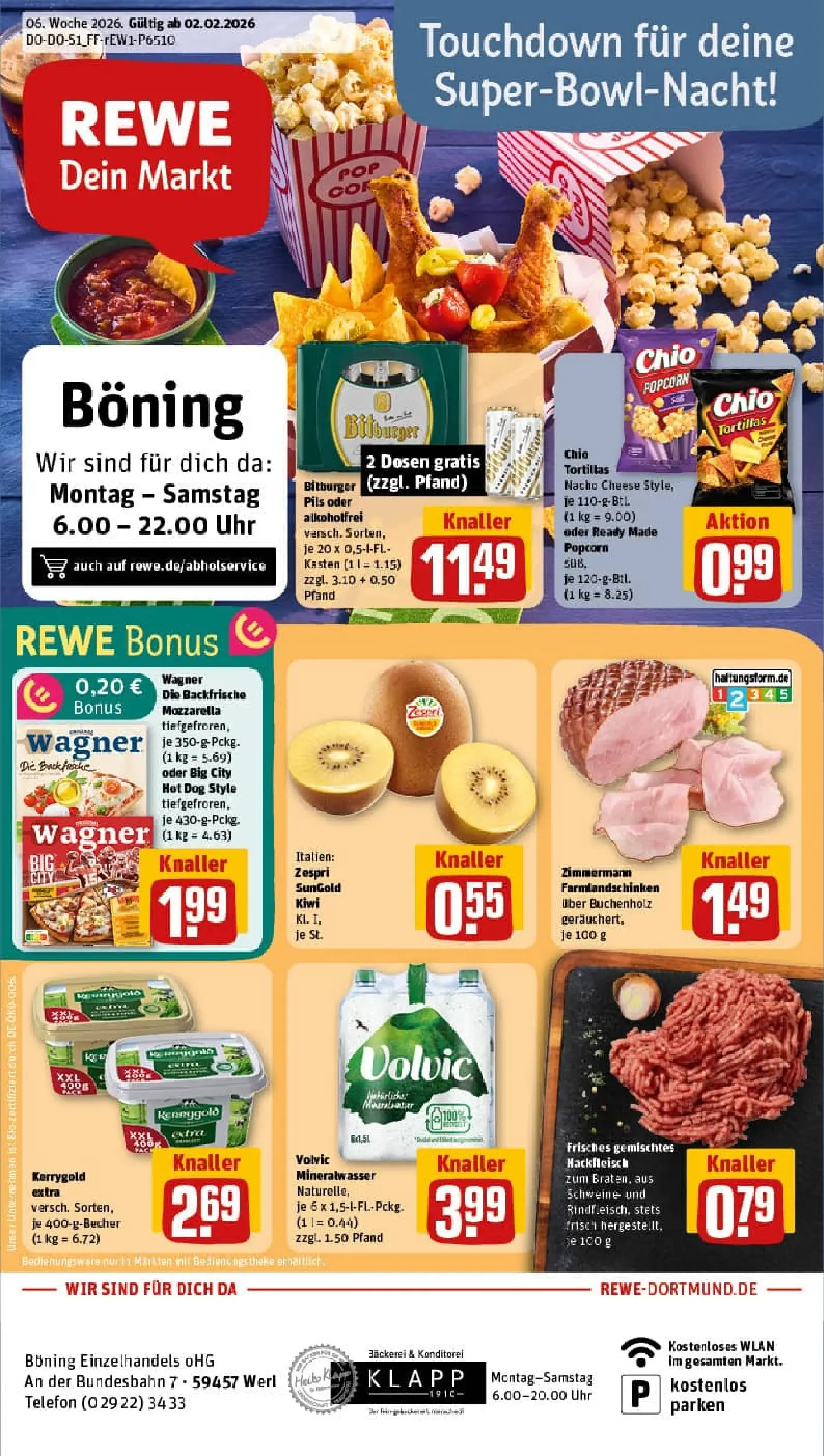 REWE Prospekt ab 02.02.2026 zum Blättern » Angebote | Seite: 1 | Produkte: Chio tortillas, Volvic, Telefon, Hackfleisch