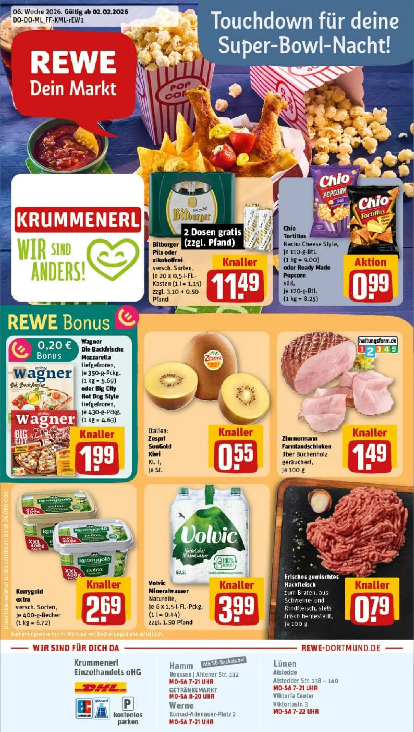 REWE Prospekt ab 02.02.2026 zum Blättern » Angebote | Seite: 1 | Produkte: Pils, Pizza, Volvic, Hackfleisch