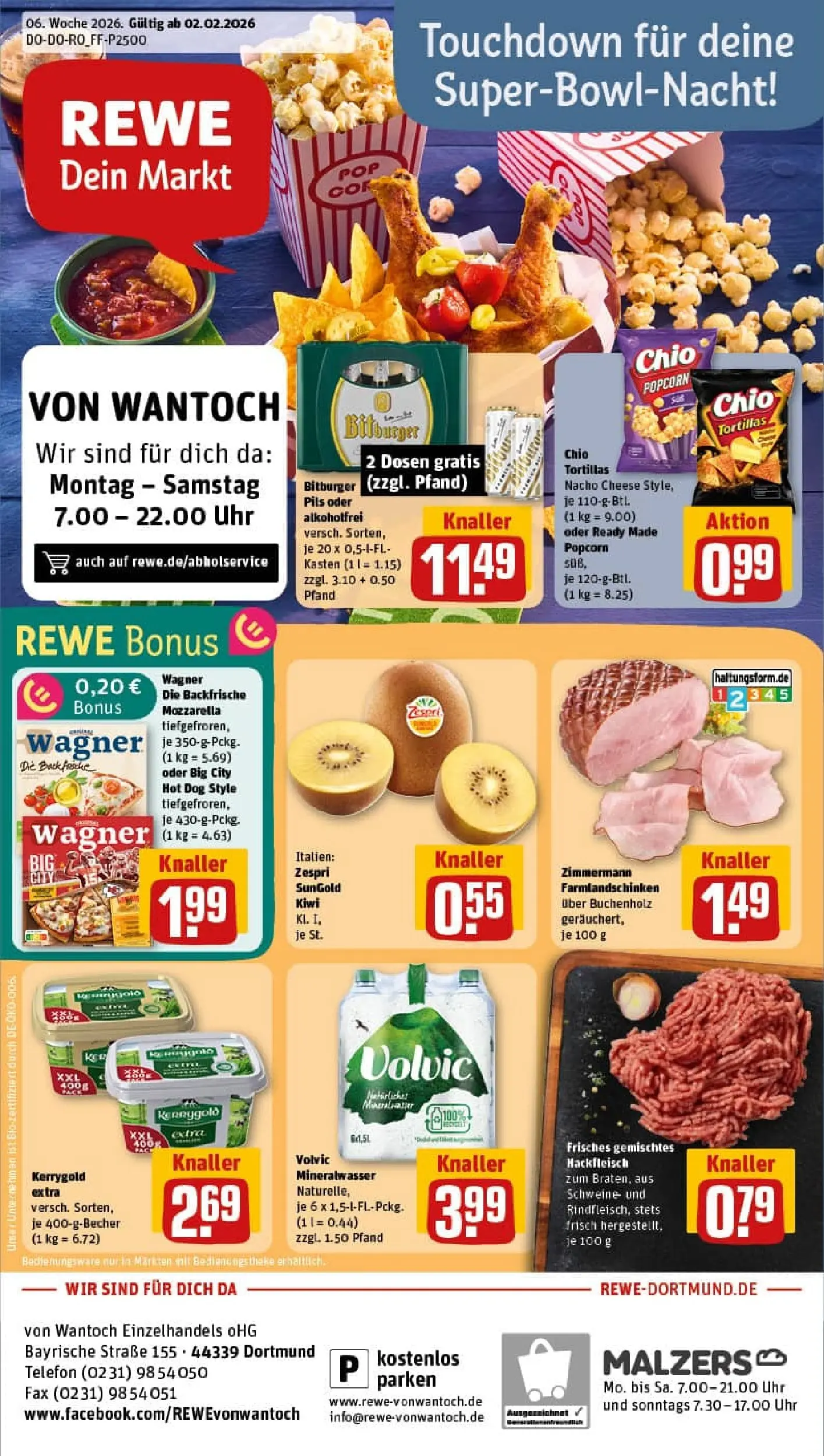 REWE Prospekt ab 02.02.2026 zum Blättern » Angebote | Seite: 1 | Produkte: Butter, Chio tortillas, Chips, Kiwi