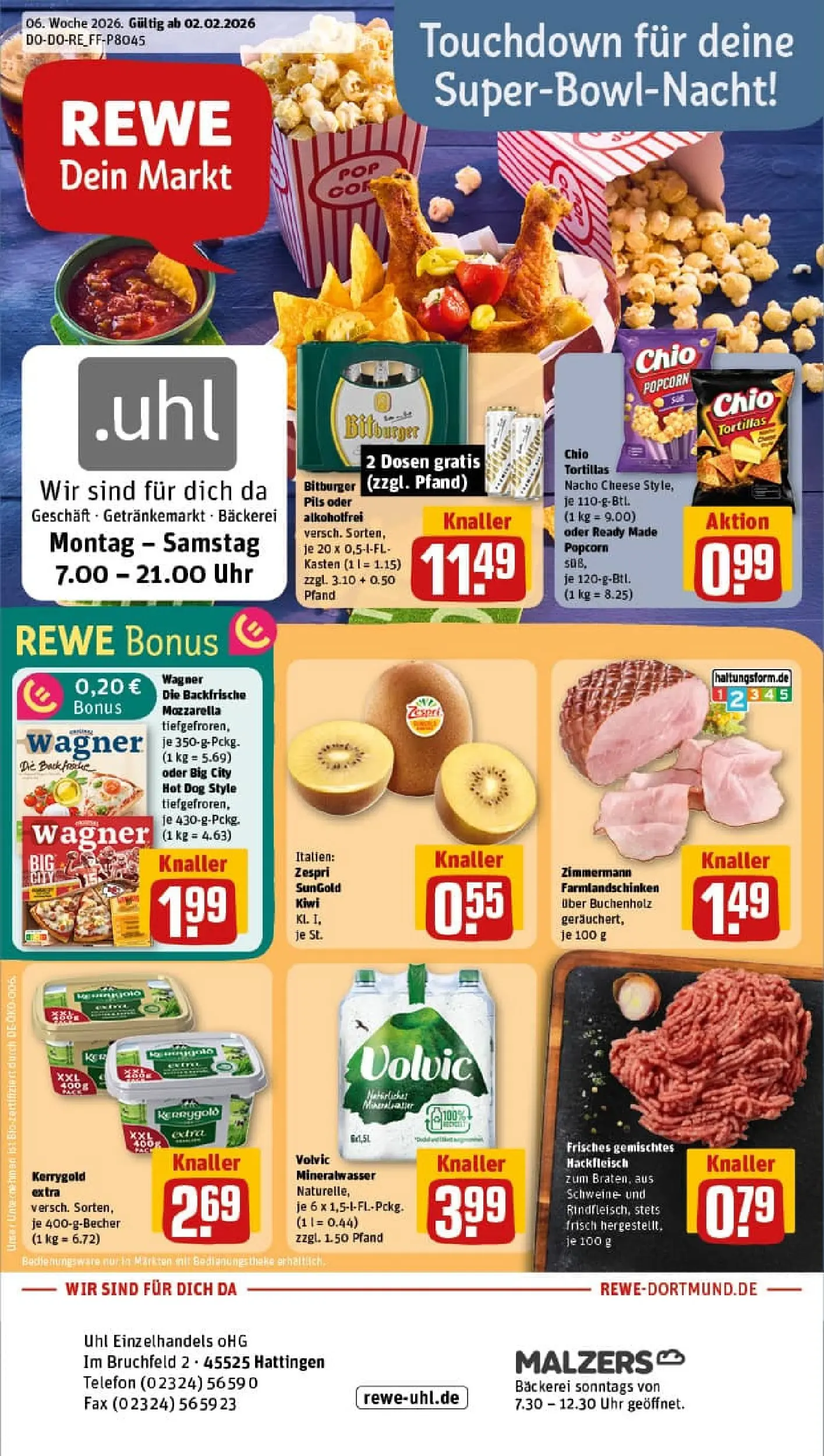 REWE Prospekt ab 02.02.2026 zum Blättern » Angebote | Seite: 1 | Produkte: Bitburger, Bäckerei, Mozzarella, Uhr