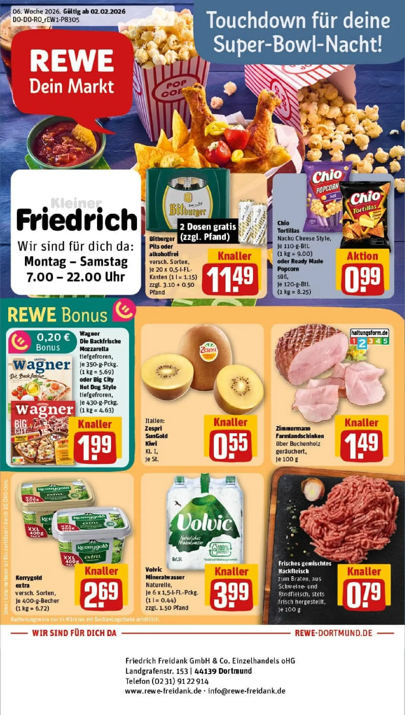 REWE Prospekt ab 02.02.2026 zum Blättern » Angebote | Seite: 1 | Produkte: Bitburger, Mozzarella, Kiwi, Uhr