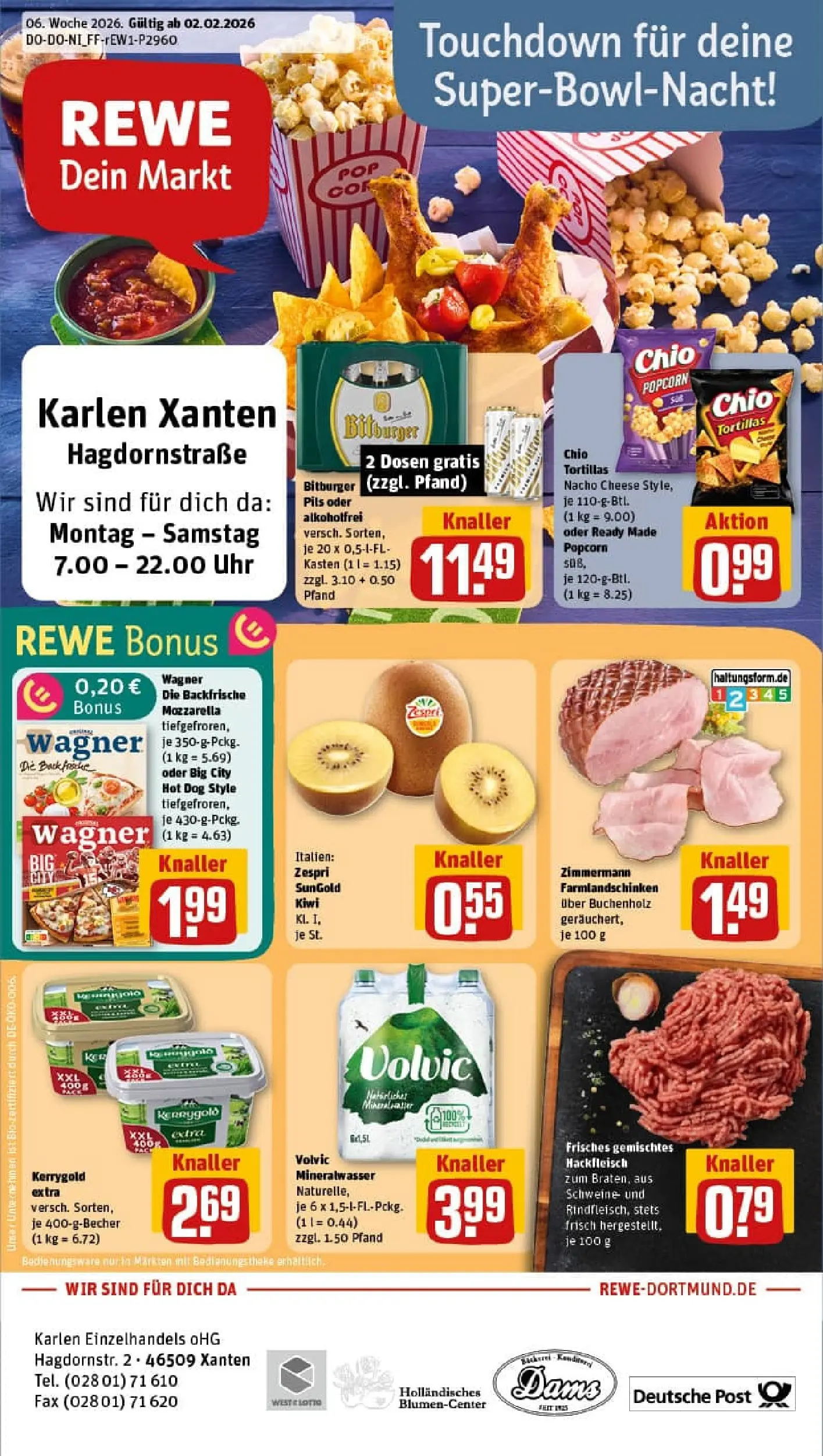 REWE Prospekt ab 01.02.2026 zum Blättern » Angebote | Seite: 1 | Produkte: Bitburger, Pizza, Chips, Kiwi