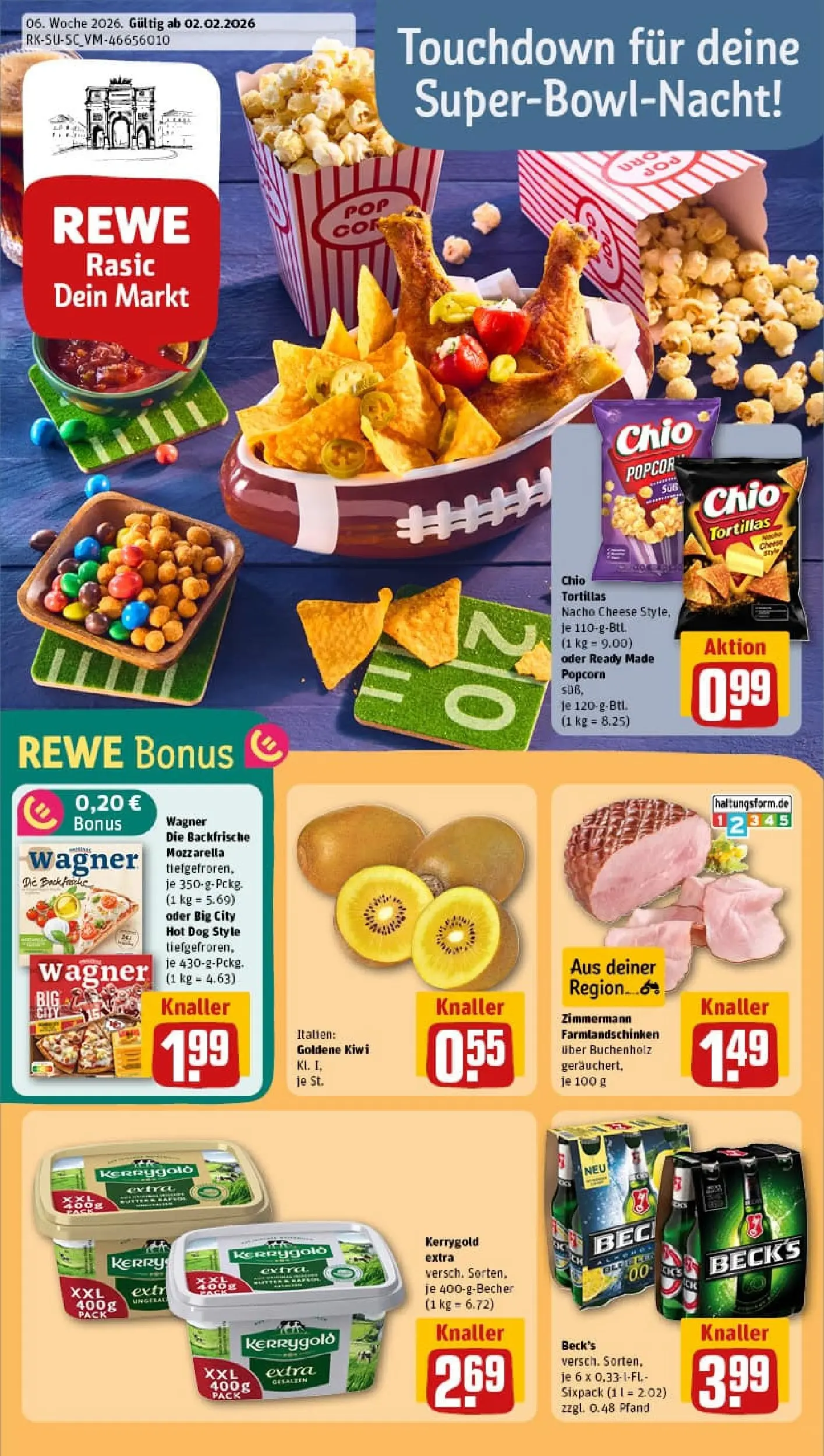 REWE Prospekt ab 02.02.2026 zum Blättern » Angebote | Seite: 1 | Produkte: Butter, Mozzarella, Chio tortillas, Kiwi