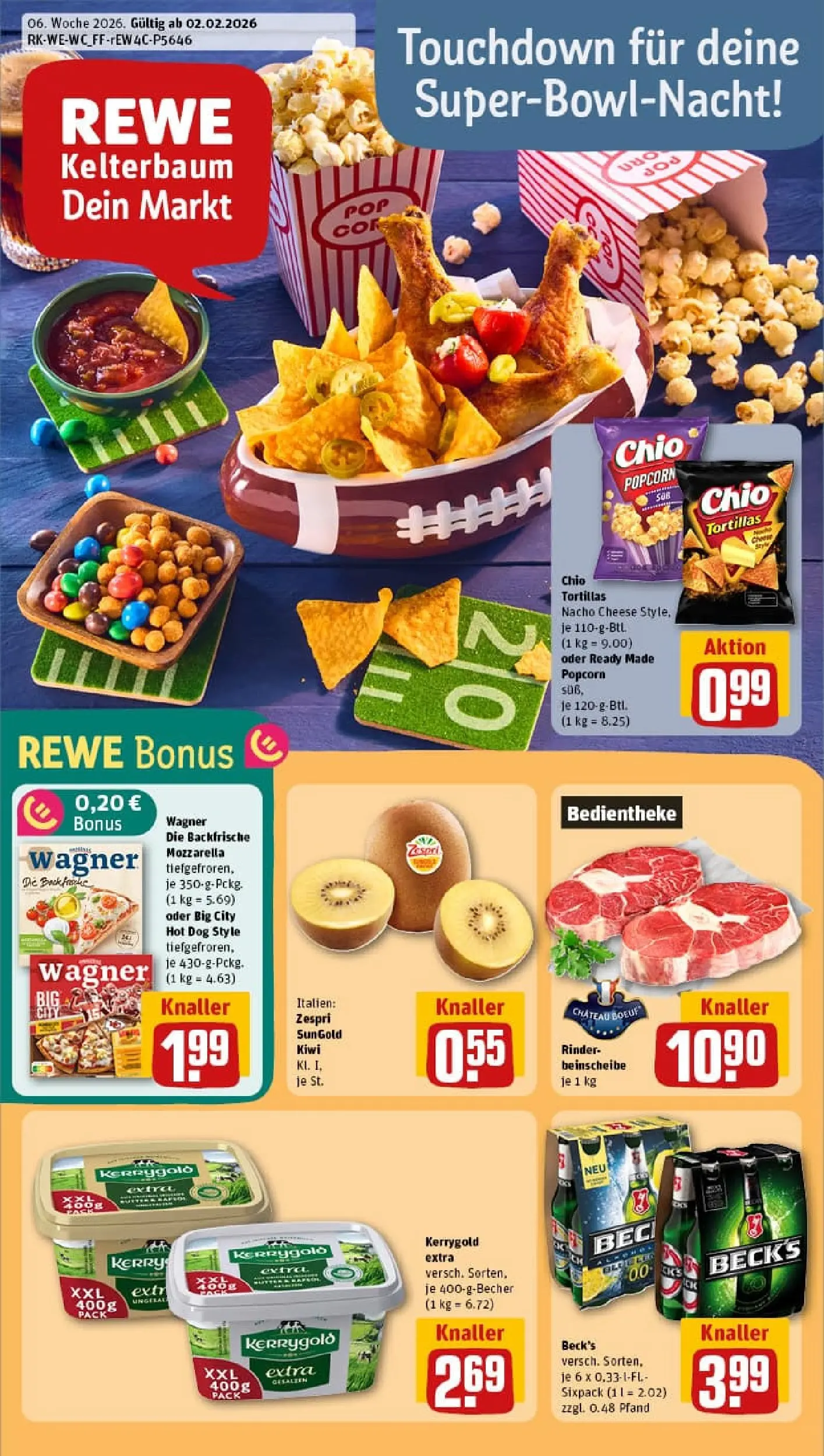 REWE Prospekt ab 02.02.2026 zum Blättern » Angebote | Seite: 1 | Produkte: Mozzarella, Chio tortillas, Pizza, Kiwi