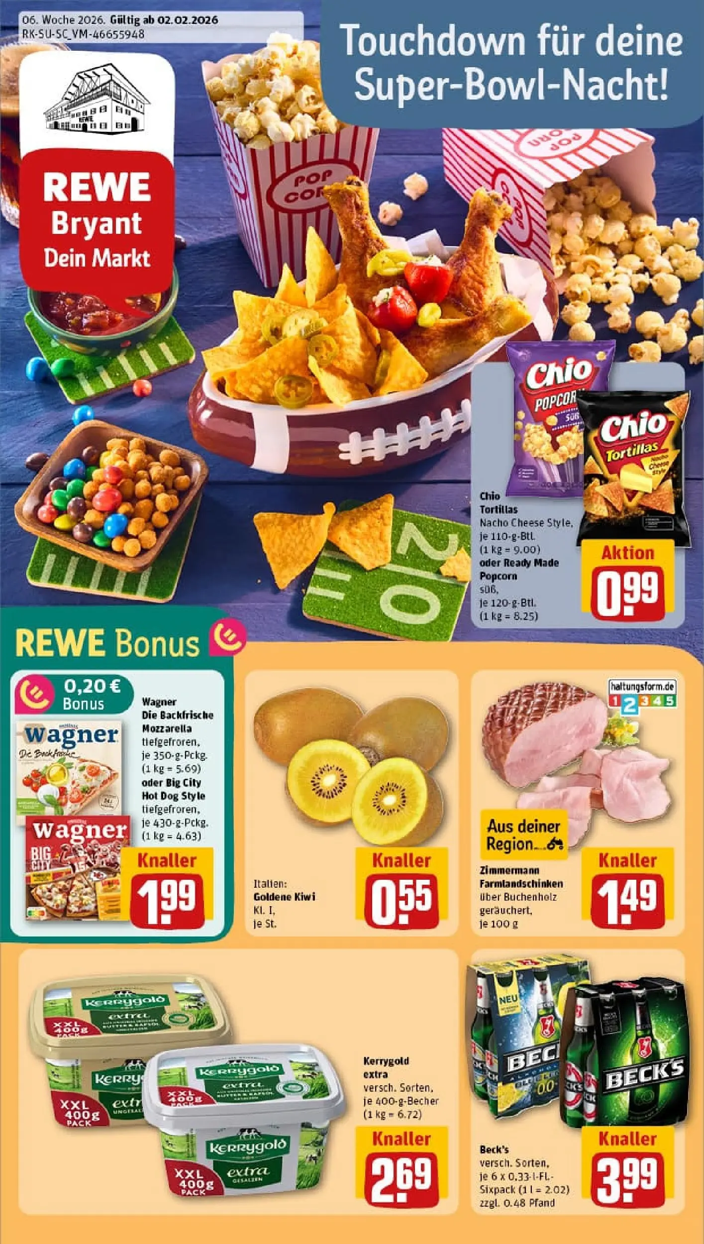 REWE Prospekt ab 02.02.2026 zum Blättern » Angebote | Seite: 1 | Produkte: Butter, Mozzarella, Chio tortillas, Pizza