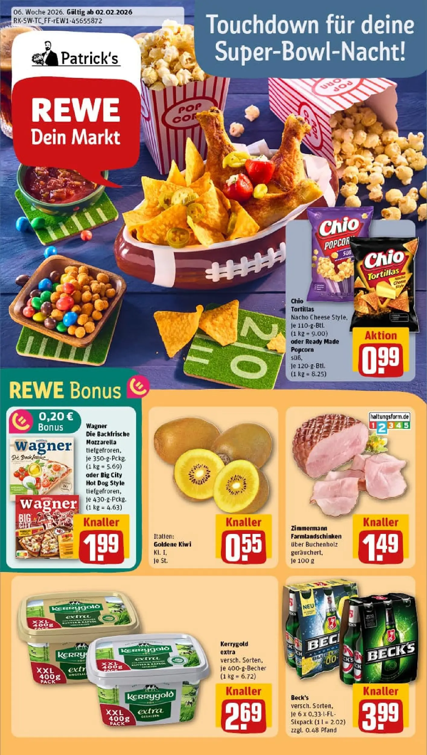 REWE Prospekt ab 02.02.2026 zum Blättern » Angebote | Seite: 1 | Produkte: Butter, Chio tortillas, Pizza, Kiwi