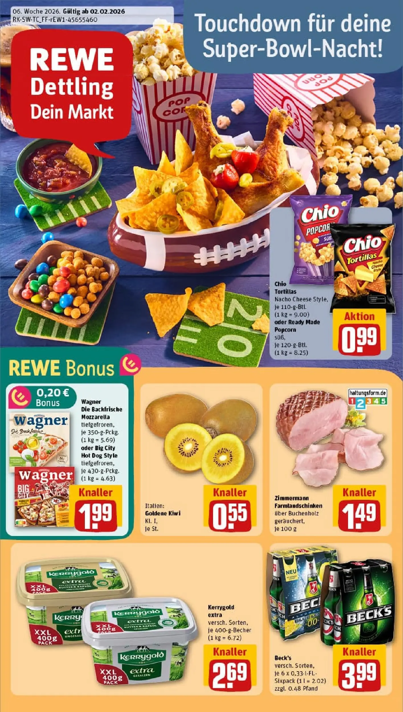 REWE Prospekt ab 02.02.2026 zum Blättern » Angebote | Seite: 1 | Produkte: Butter, Pizza, Chips, Kiwi