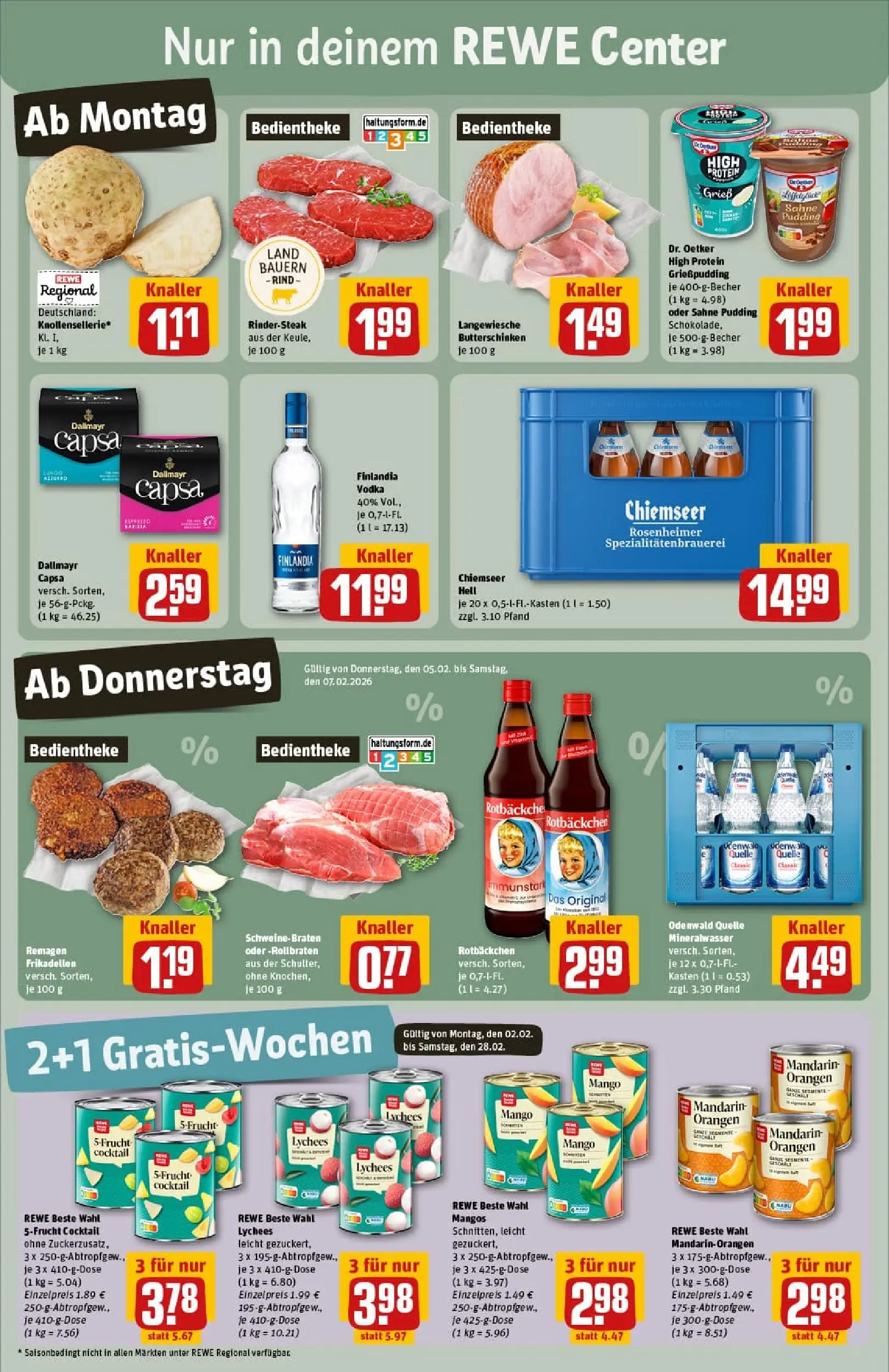 REWE Prospekt ab 02.02.2026 zum Blättern » Angebote | Seite: 5 | Produkte: Pudding, Mineralwasser, Steak, Sahne